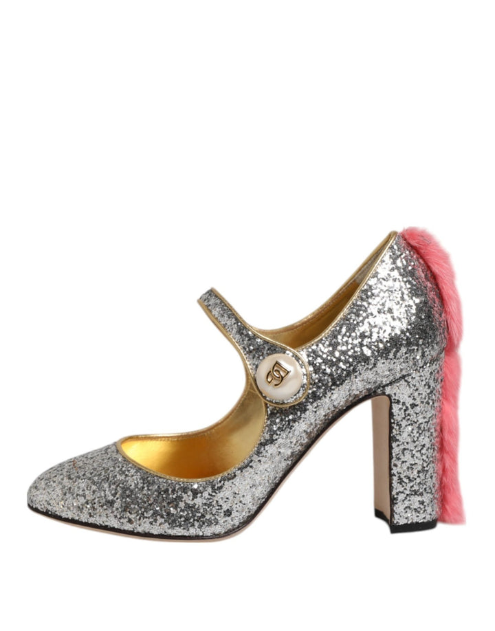Dolce & Gabbana Silver Glitter Mink Fur VALLY Pumps Shoes - RIMODA