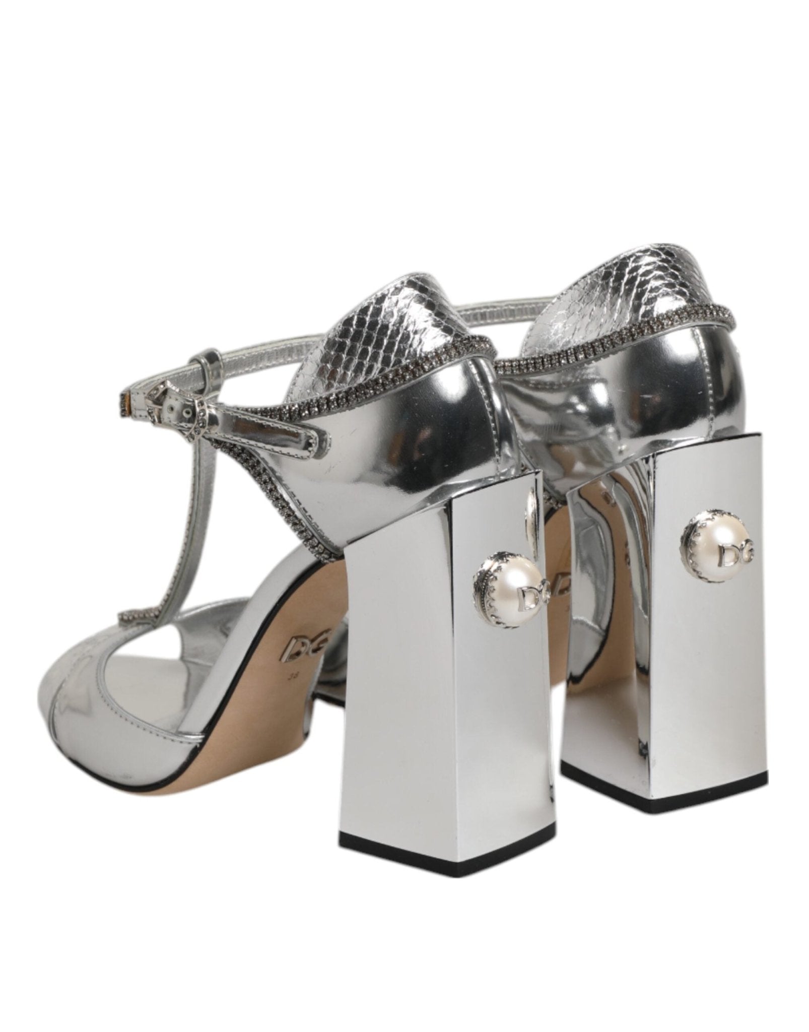 Dolce & Gabbana Silver Leather T-strap Heels Sandals Shoes - RIMODA