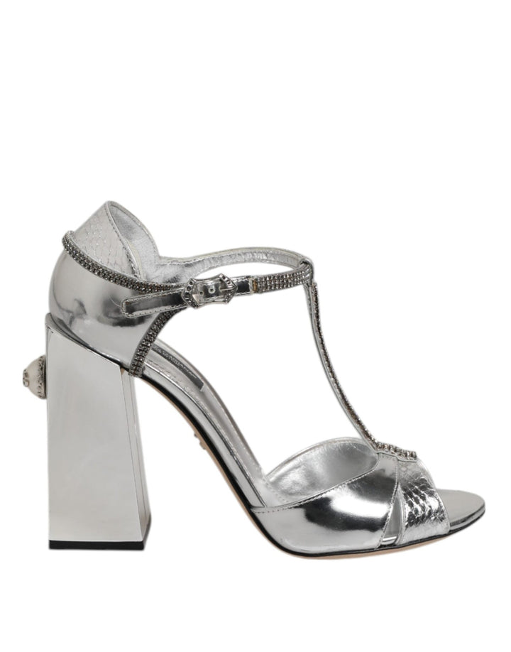 Dolce & Gabbana Silver Leather T-strap Heels Sandals Shoes - RIMODA