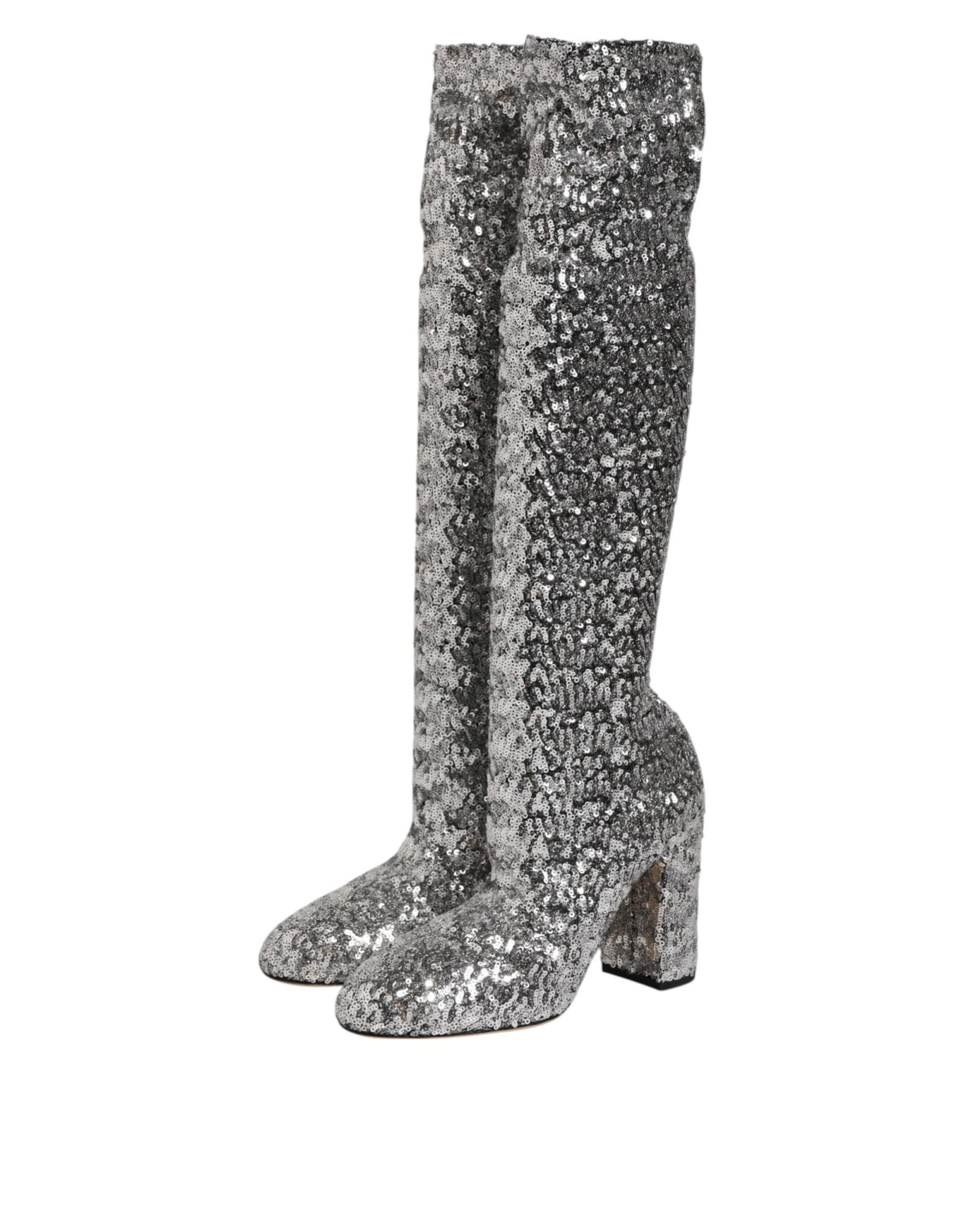 Dolce & Gabbana Silver Sequins Glitter High Heel Boot Shoes - RIMODA