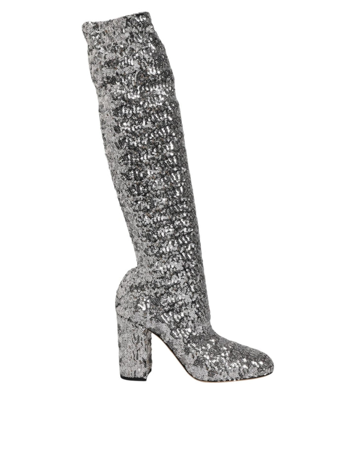 Dolce & Gabbana Silver Sequins Glitter High Heel Boot Shoes - RIMODA