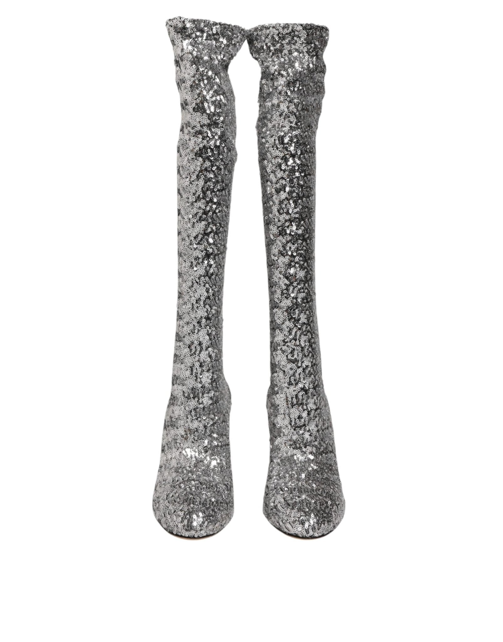 Dolce & Gabbana Silver Sequins Glitter High Heel Boot Shoes - RIMODA