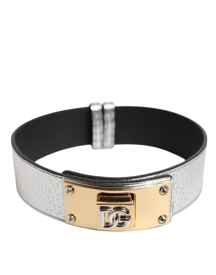 Dolce & Gabbana Silver Textured Leather Gold Tone Metal Neckband - RIMODA