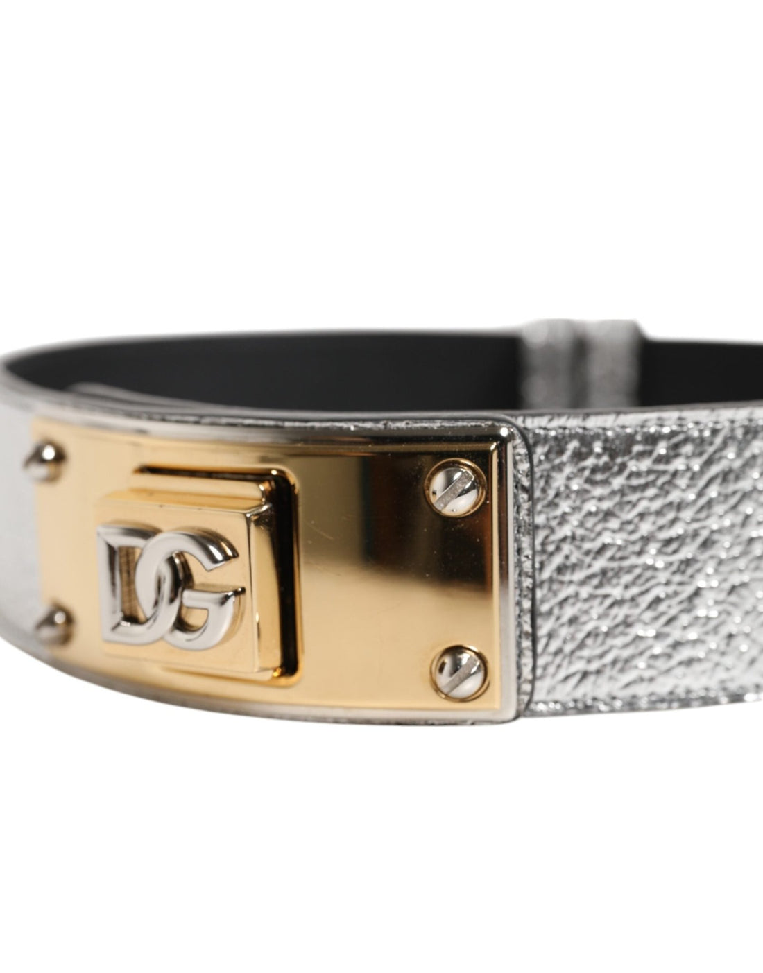 Dolce & Gabbana Silver Textured Leather Gold Tone Metal Neckband - RIMODA