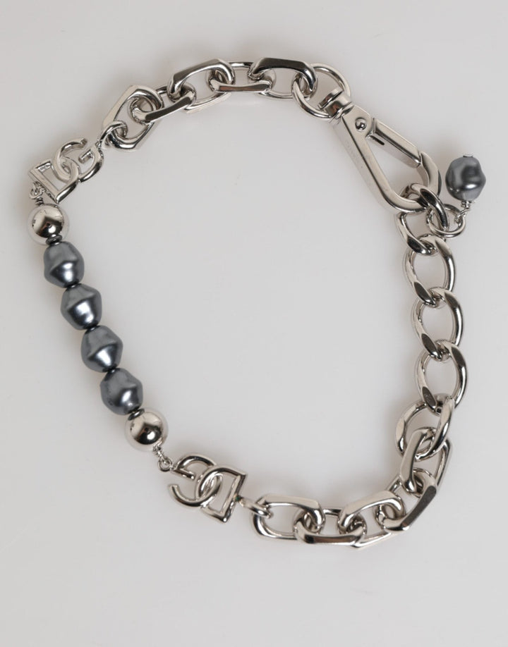Dolce & Gabbana Silver Tone Chain Lobster Clasp Logo Gray Pearls Bracelet - RIMODA