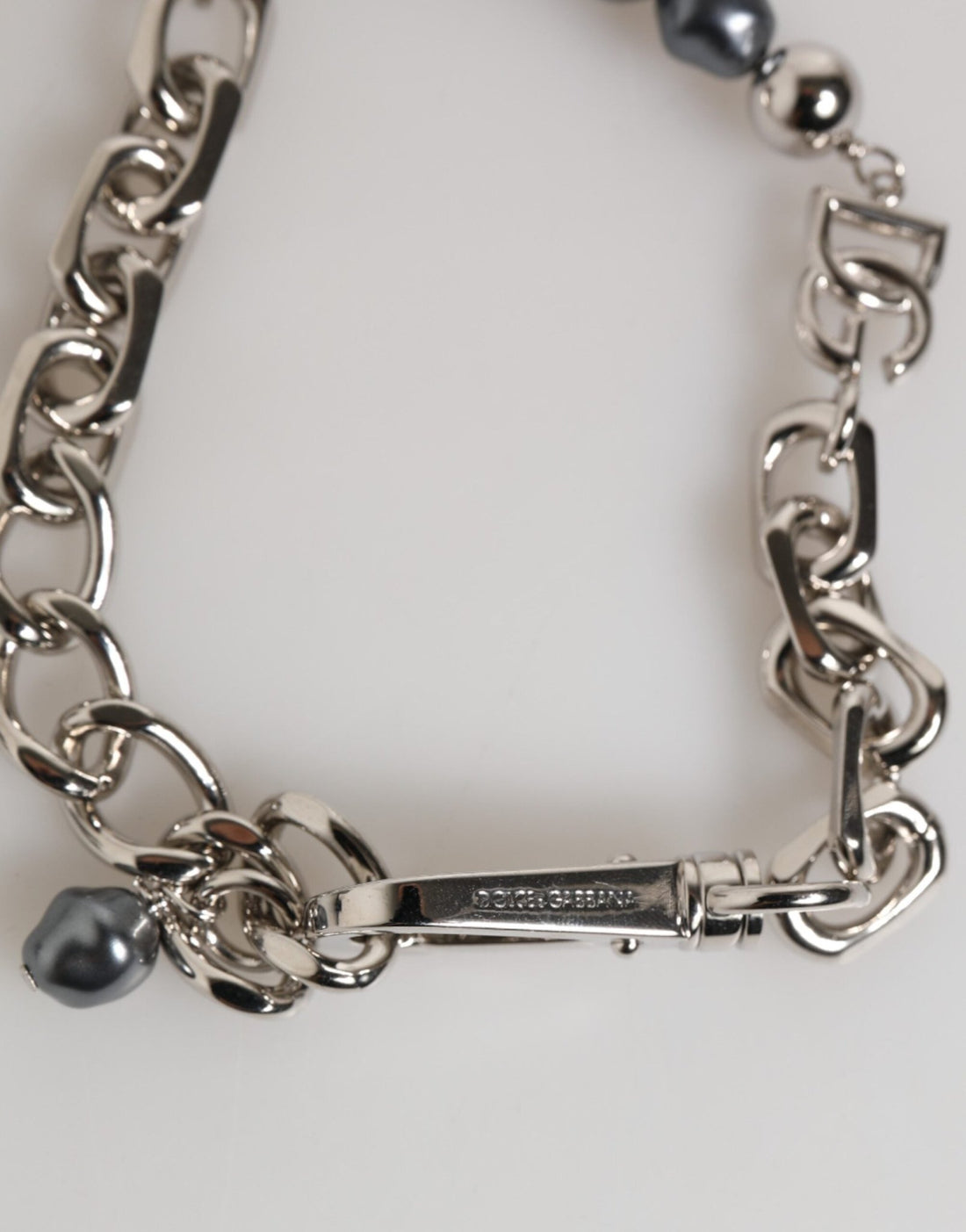 Dolce & Gabbana Silver Tone Chain Lobster Clasp Logo Gray Pearls Bracelet - RIMODA