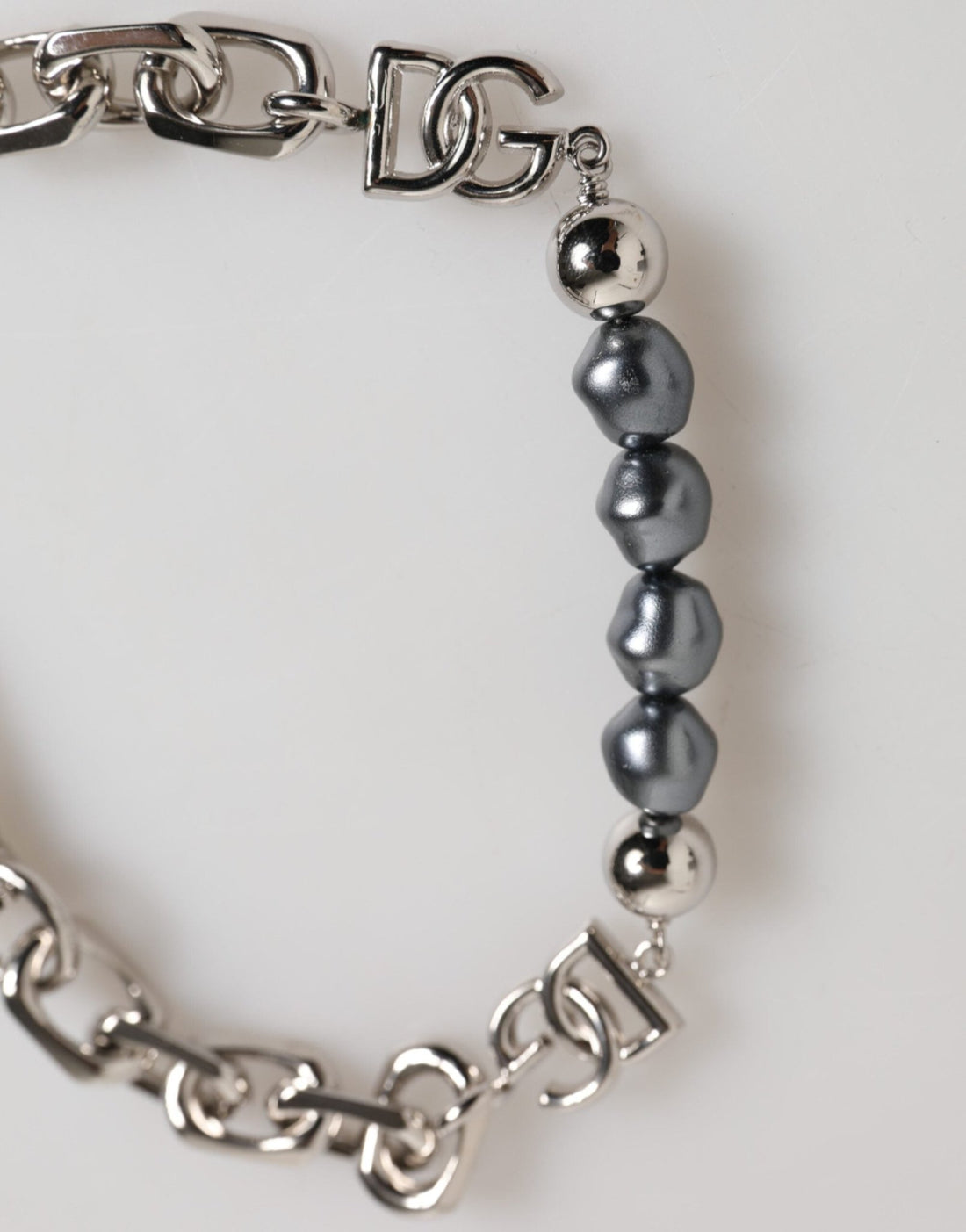 Dolce & Gabbana Silver Tone Chain Lobster Clasp Logo Gray Pearls Bracelet - RIMODA