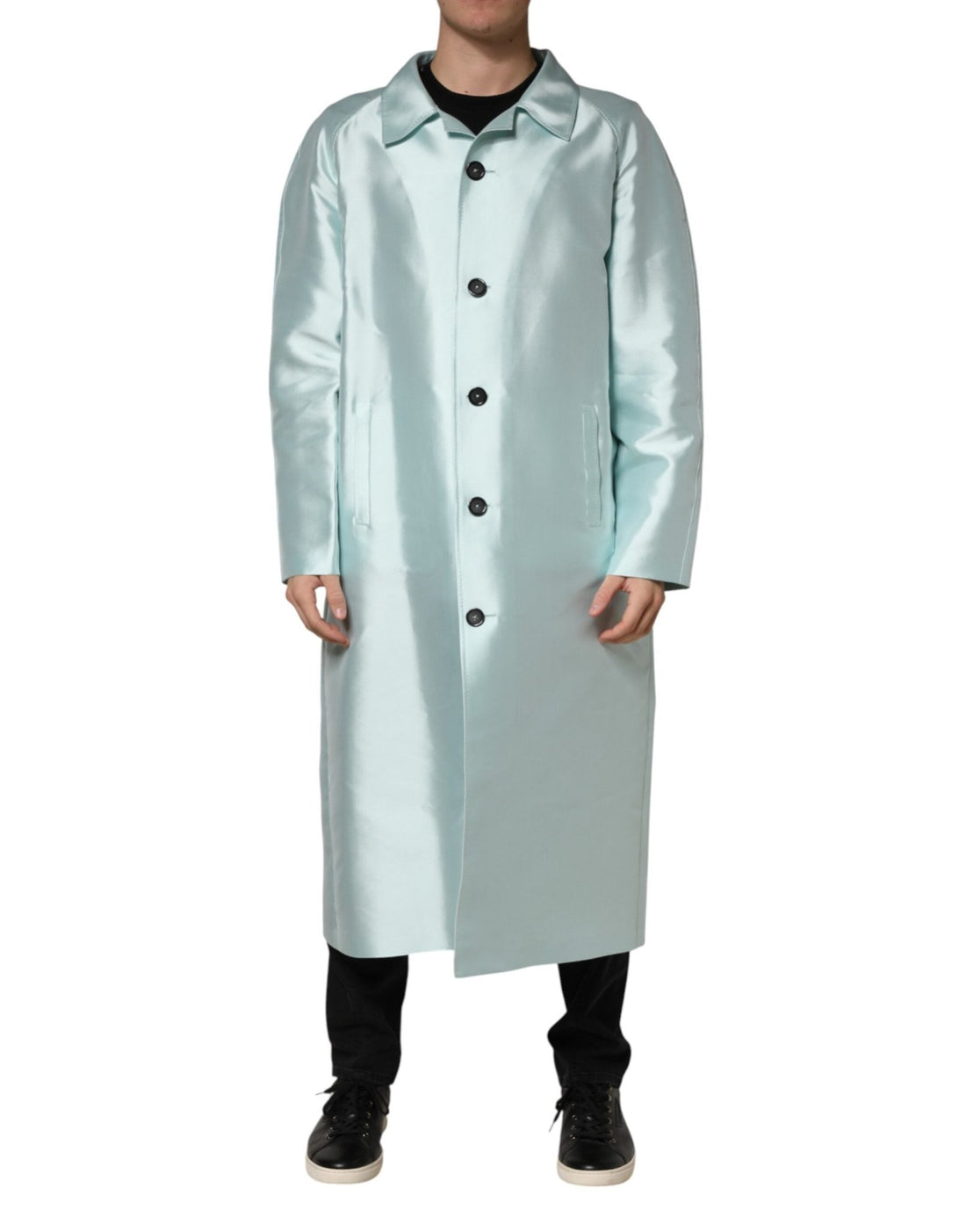 Dolce & Gabbana Teal Satin Collared Long Trench Coat Jacket - RIMODA