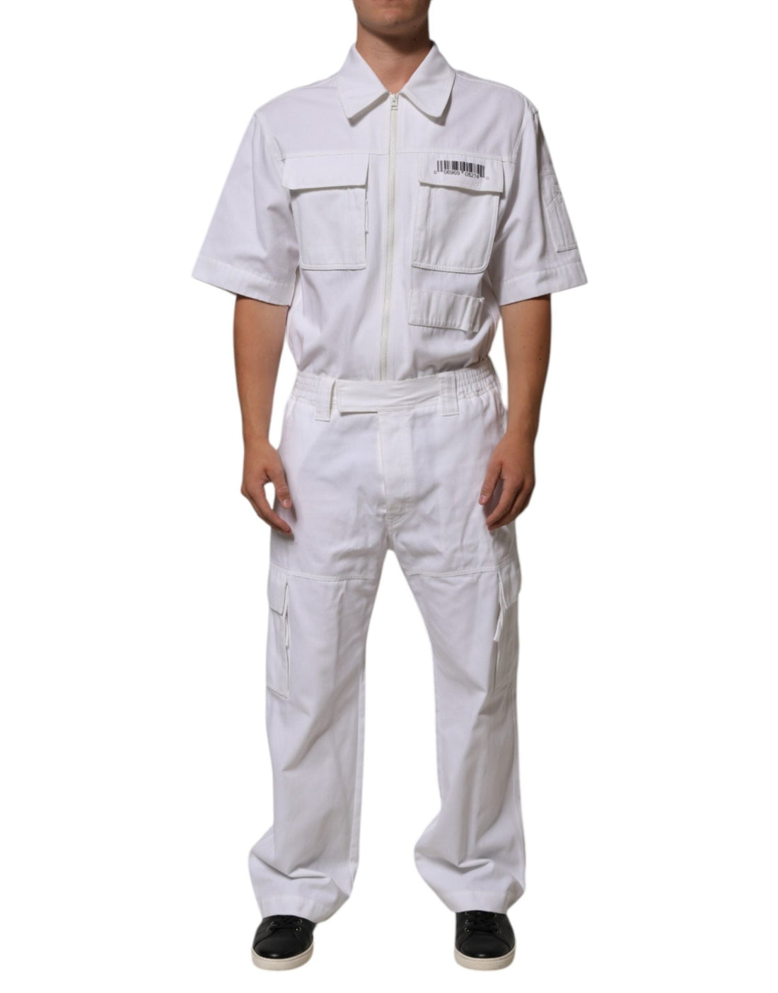 Dolce & Gabbana White Barcode Patch Utility Zip Jumpsuit Pants - RIMODA