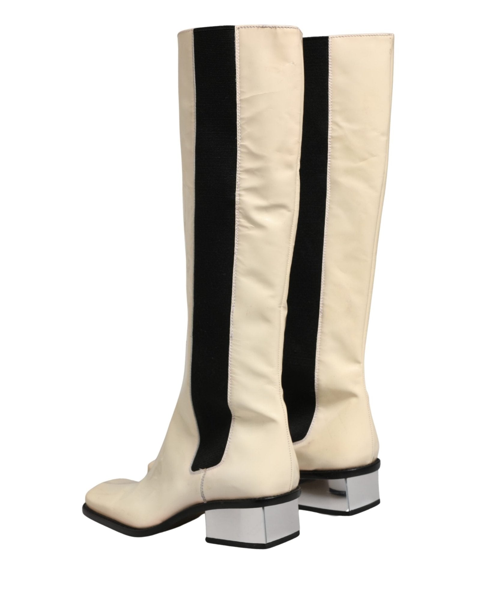 Dolce & Gabbana White Black Leather Knee High Boots Shoes - RIMODA