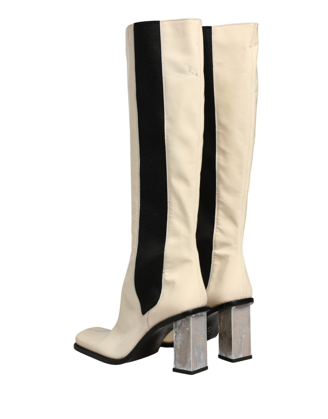 Dolce & Gabbana White Black Leather Knee High Boots Shoes - RIMODA