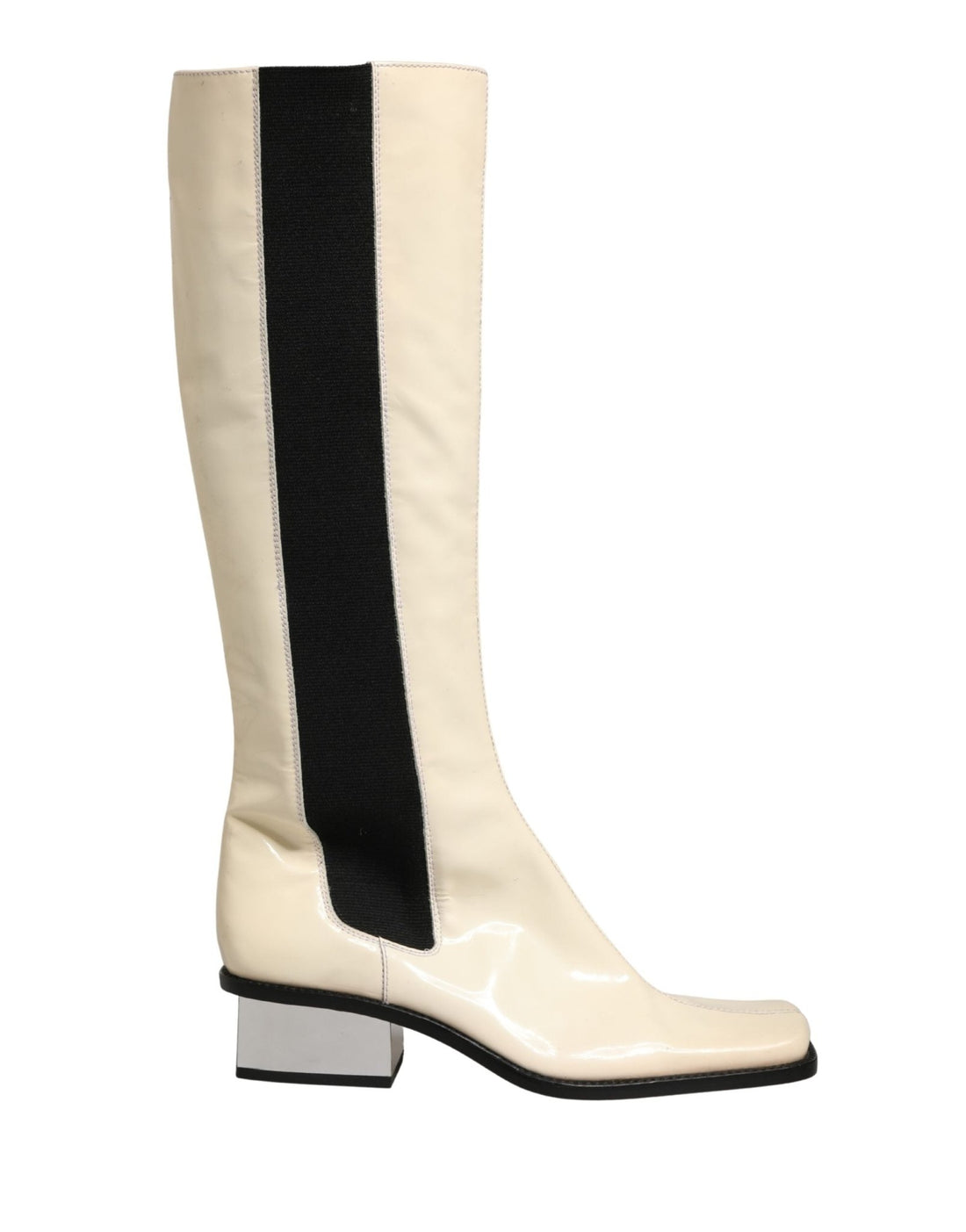 Dolce & Gabbana White Black Leather Knee High Boots Shoes - RIMODA