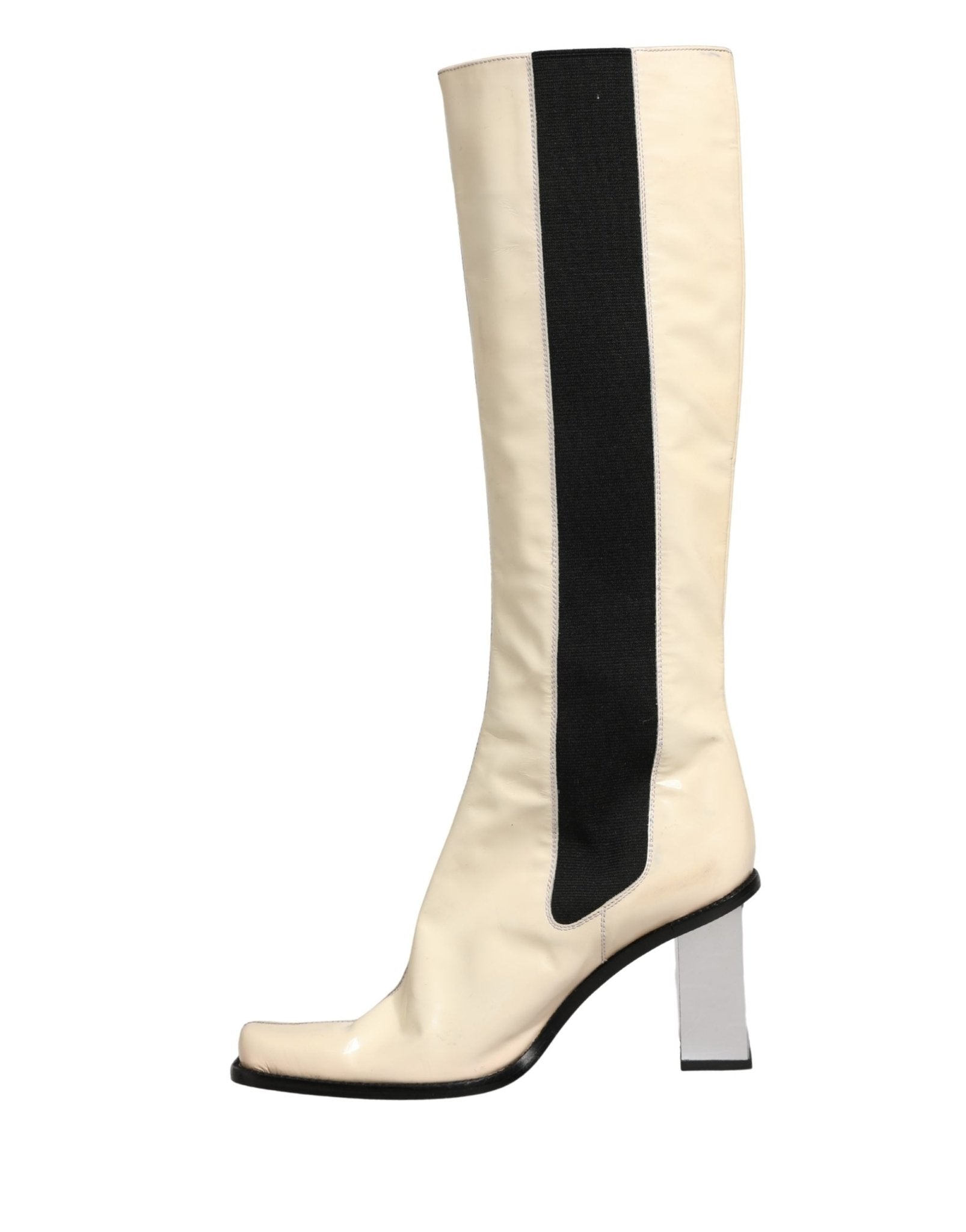 Dolce & Gabbana White Black Leather Knee High Boots Shoes - RIMODA