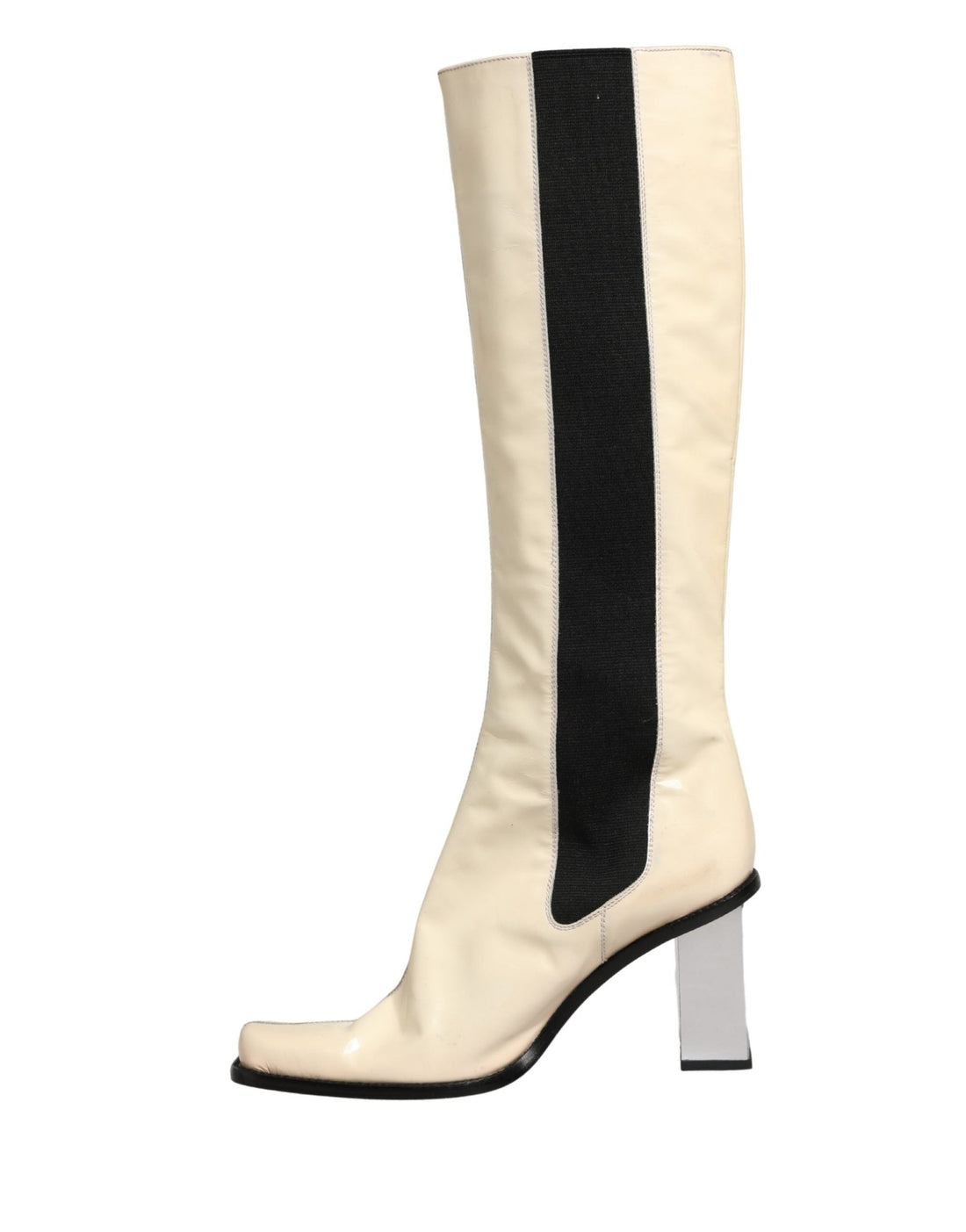 Dolce & Gabbana White Black Leather Knee High Boots Shoes - RIMODA