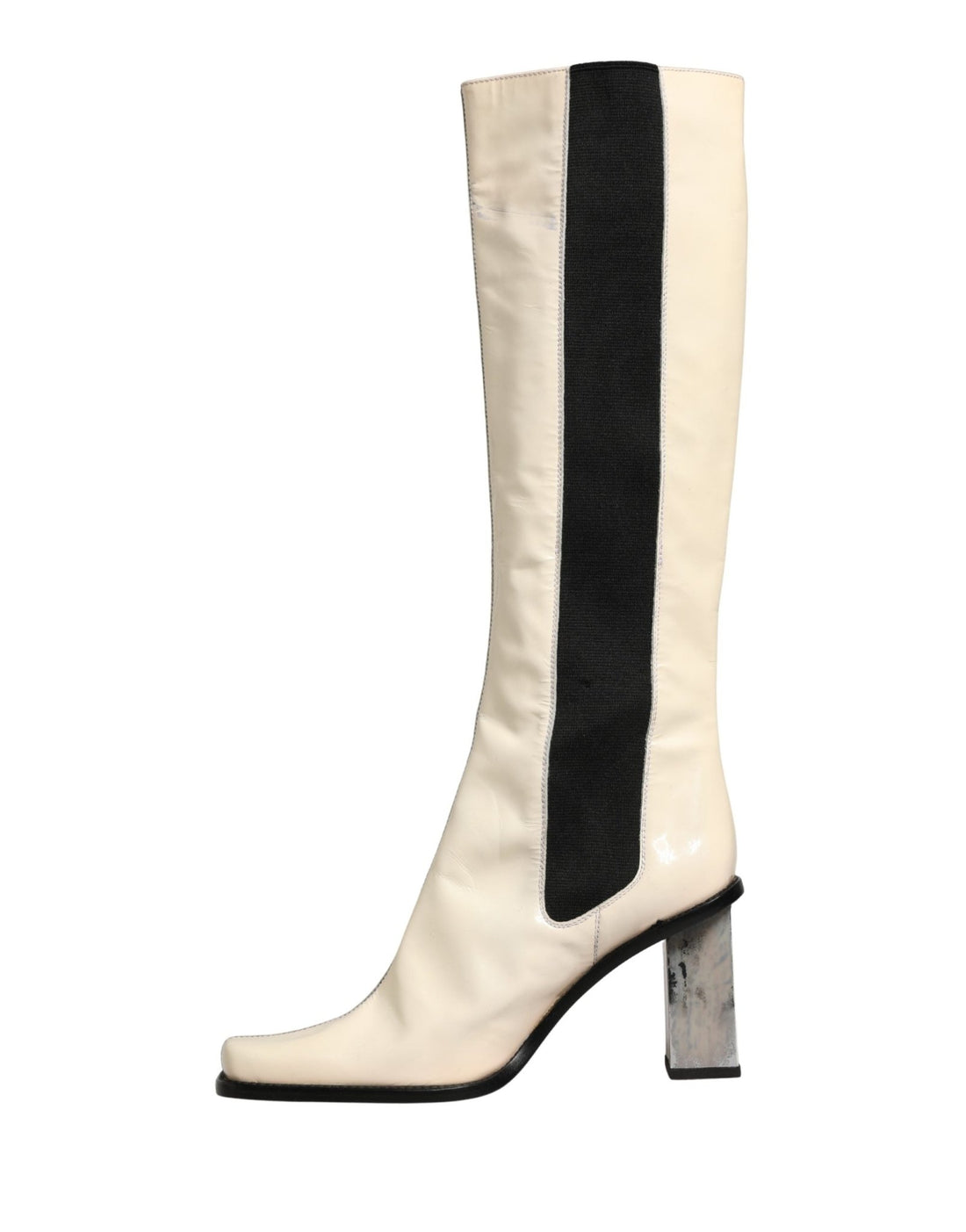 Dolce & Gabbana White Black Leather Knee High Boots Shoes - RIMODA