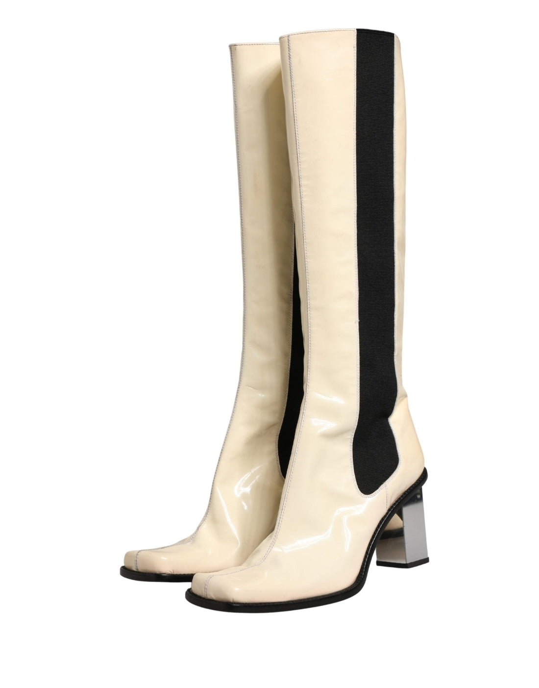 Dolce & Gabbana White Black Leather Knee High Boots Shoes - RIMODA