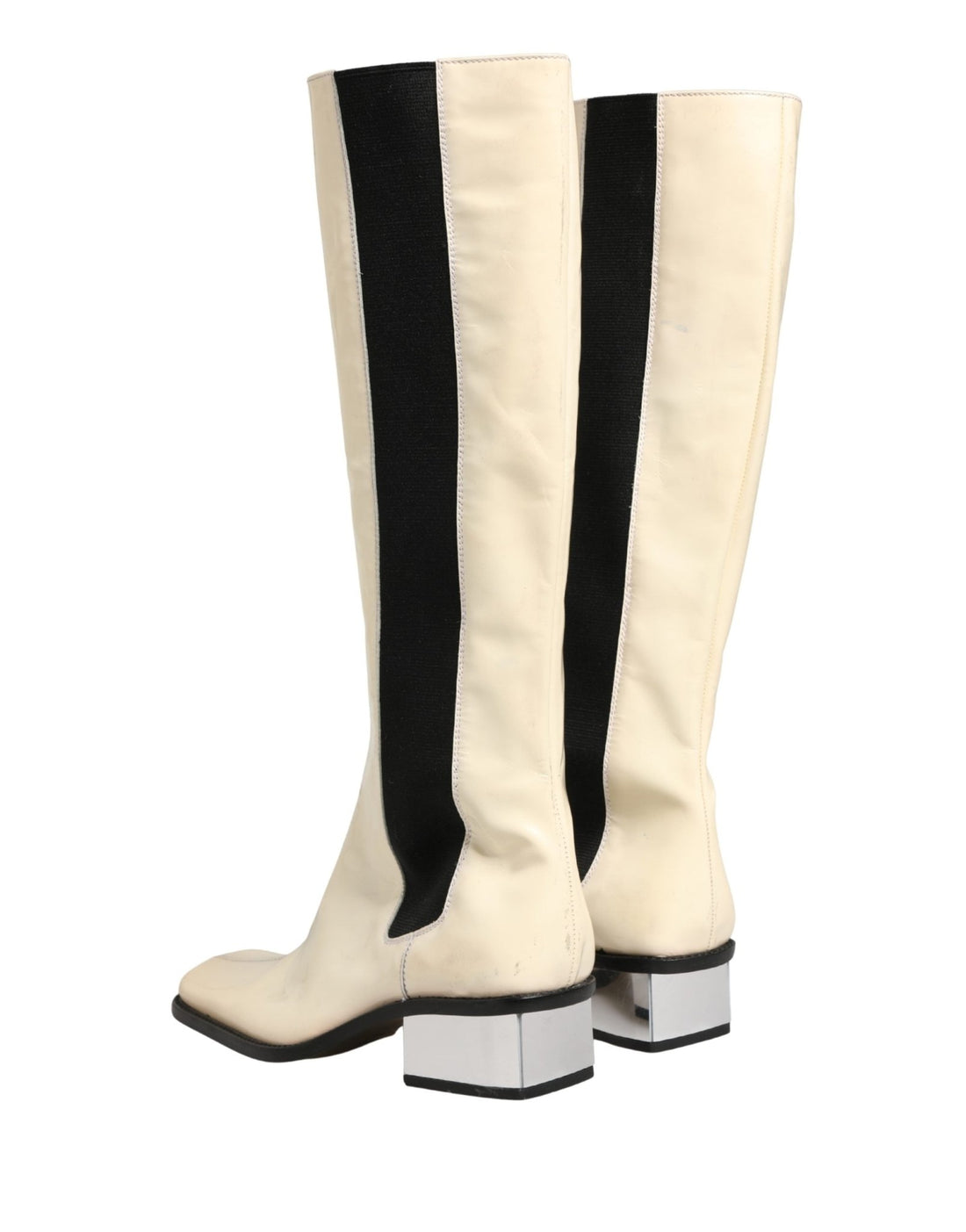 Dolce & Gabbana White Black Leather Knee High Boots Shoes - RIMODA