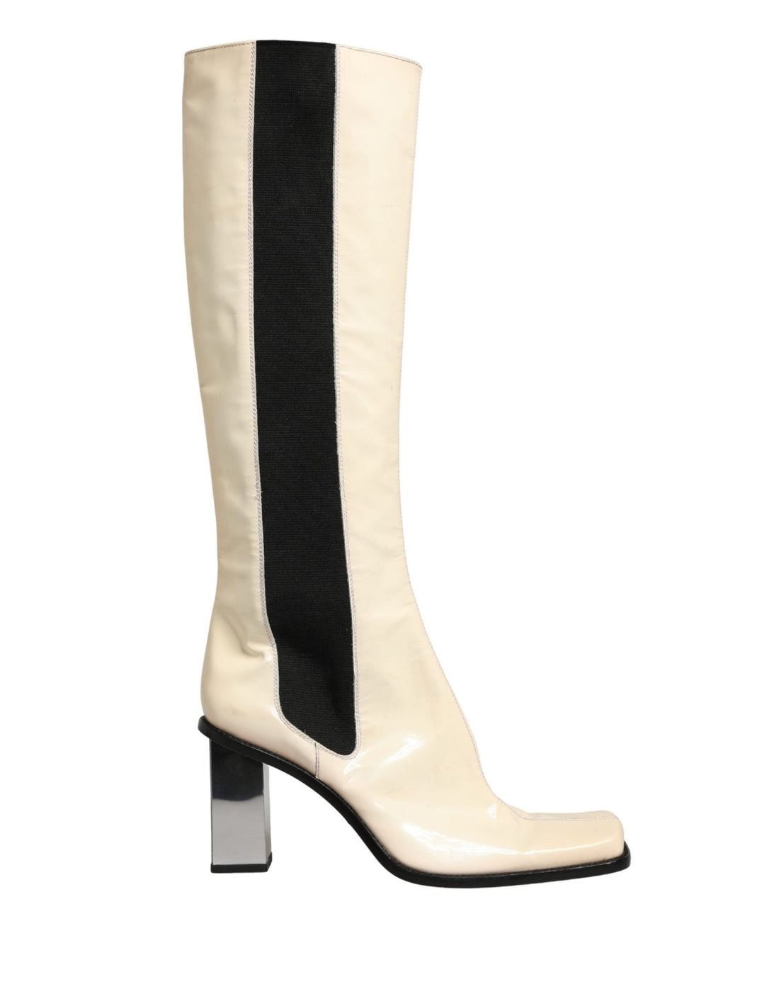 Dolce & Gabbana White Black Leather Knee High Boots Shoes - RIMODA