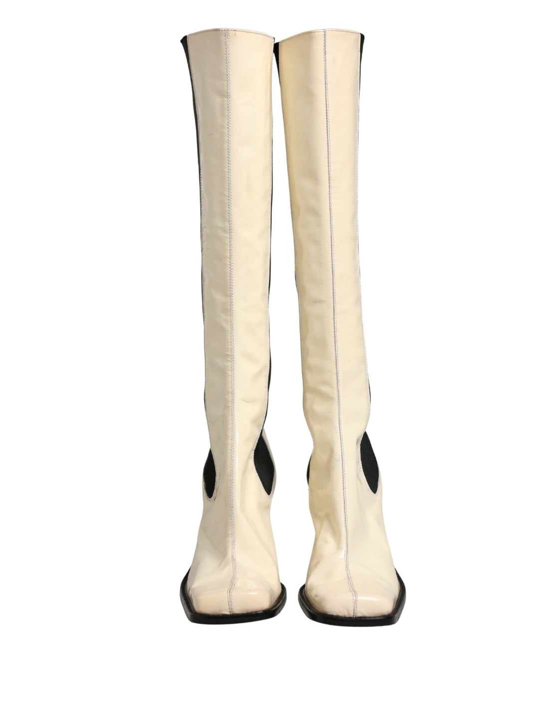 Dolce & Gabbana White Black Leather Knee High Boots Shoes - RIMODA