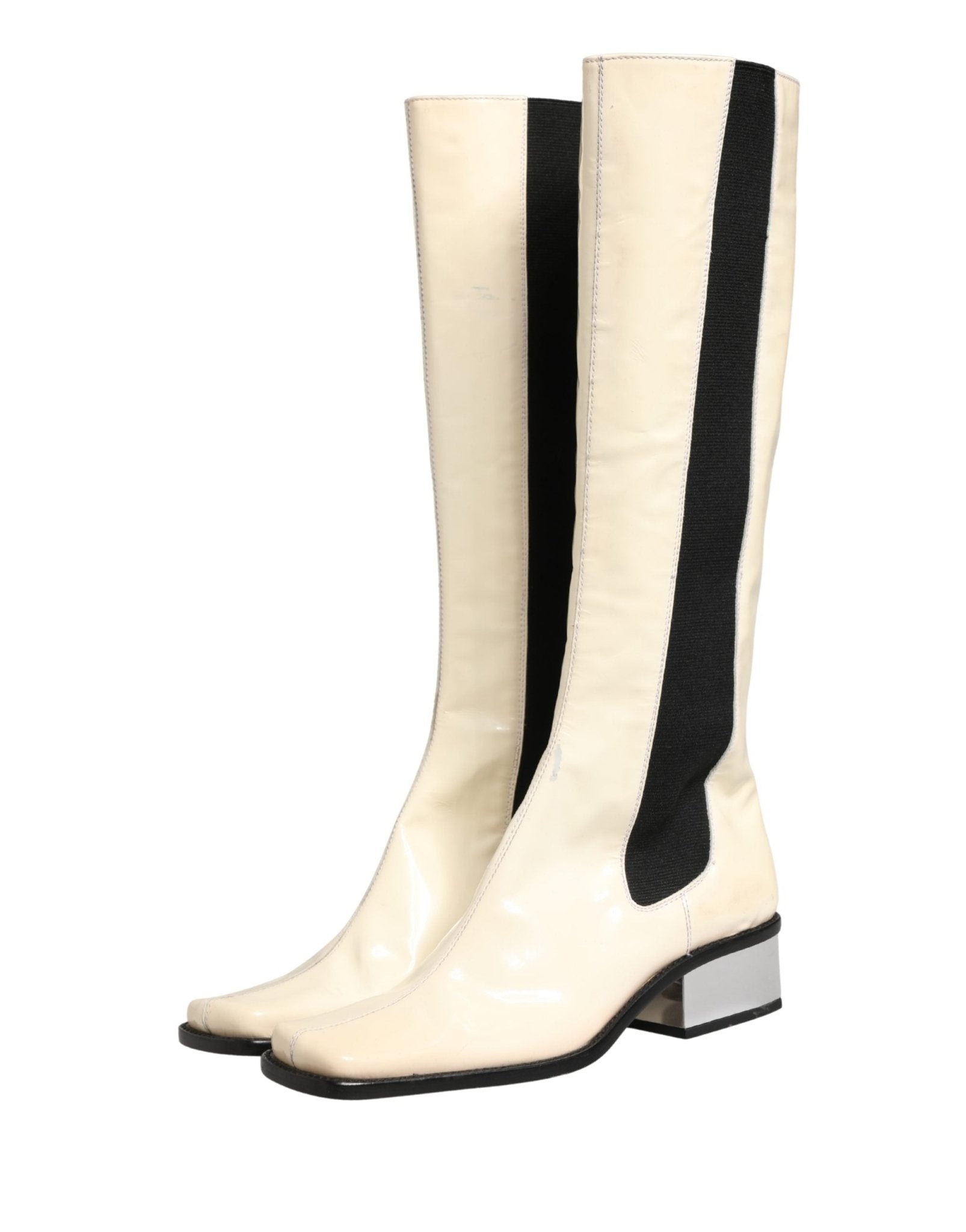 Dolce & Gabbana White Black Leather Knee High Boots Shoes - RIMODA