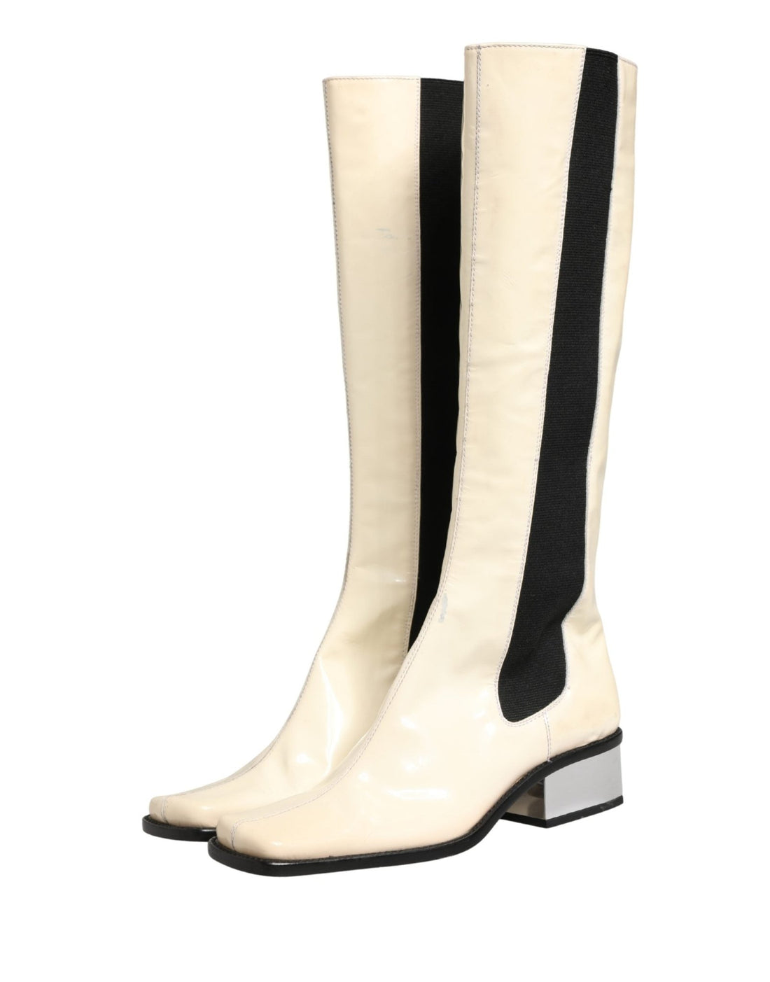 Dolce & Gabbana White Black Leather Knee High Boots Shoes - RIMODA