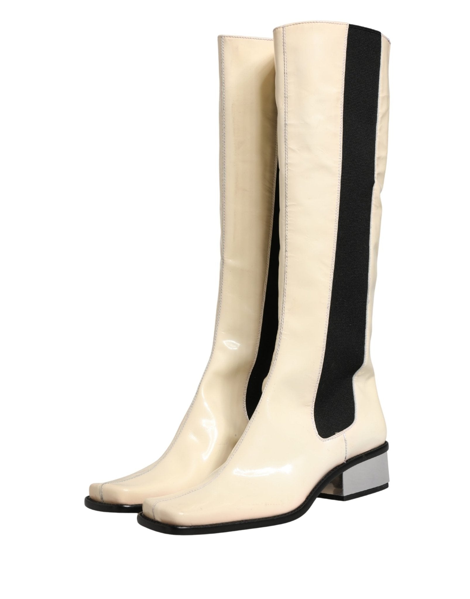 Dolce & Gabbana White Black Leather Knee High Boots Shoes - RIMODA