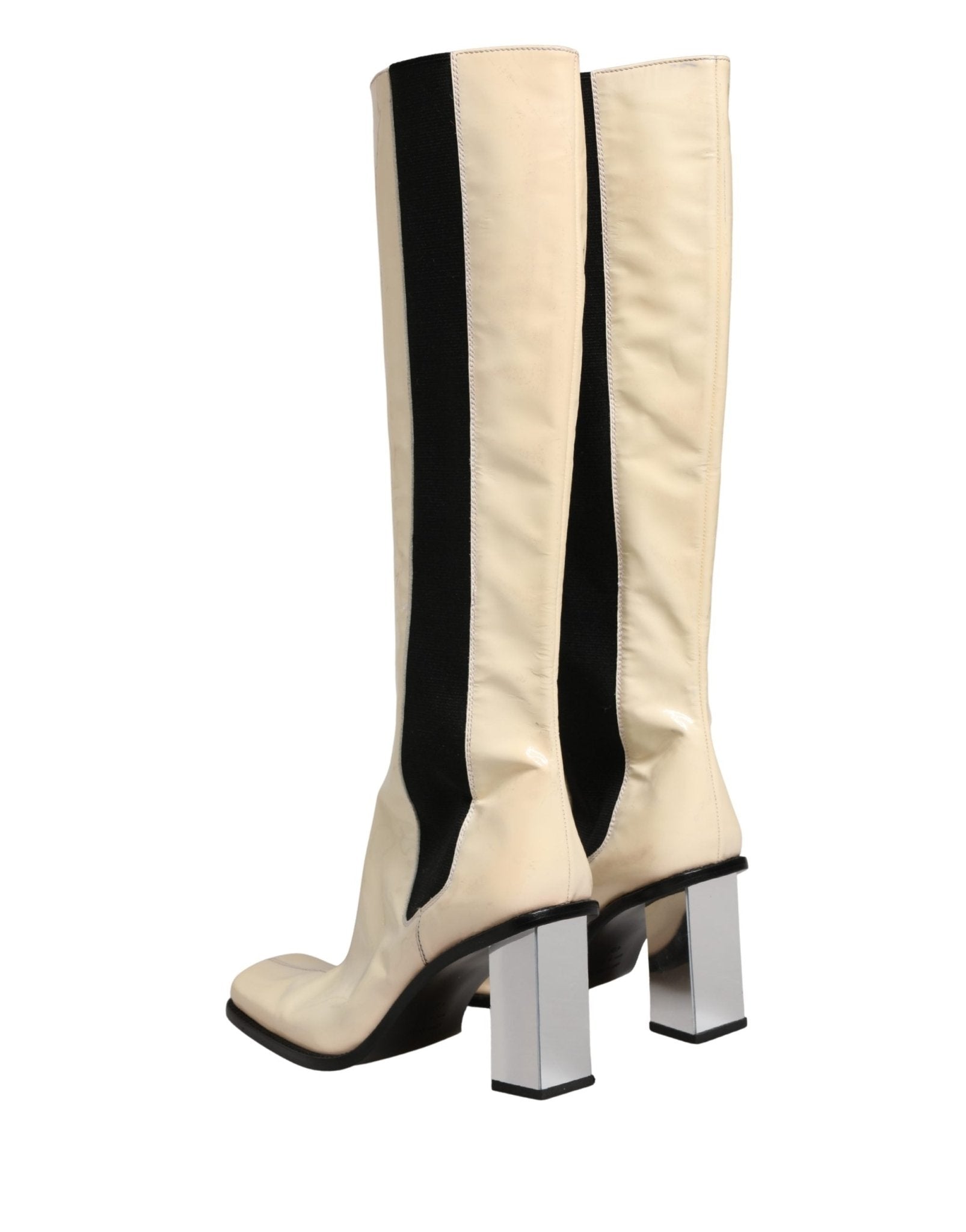 Dolce & Gabbana White Black Leather Knee High Boots Shoes - RIMODA