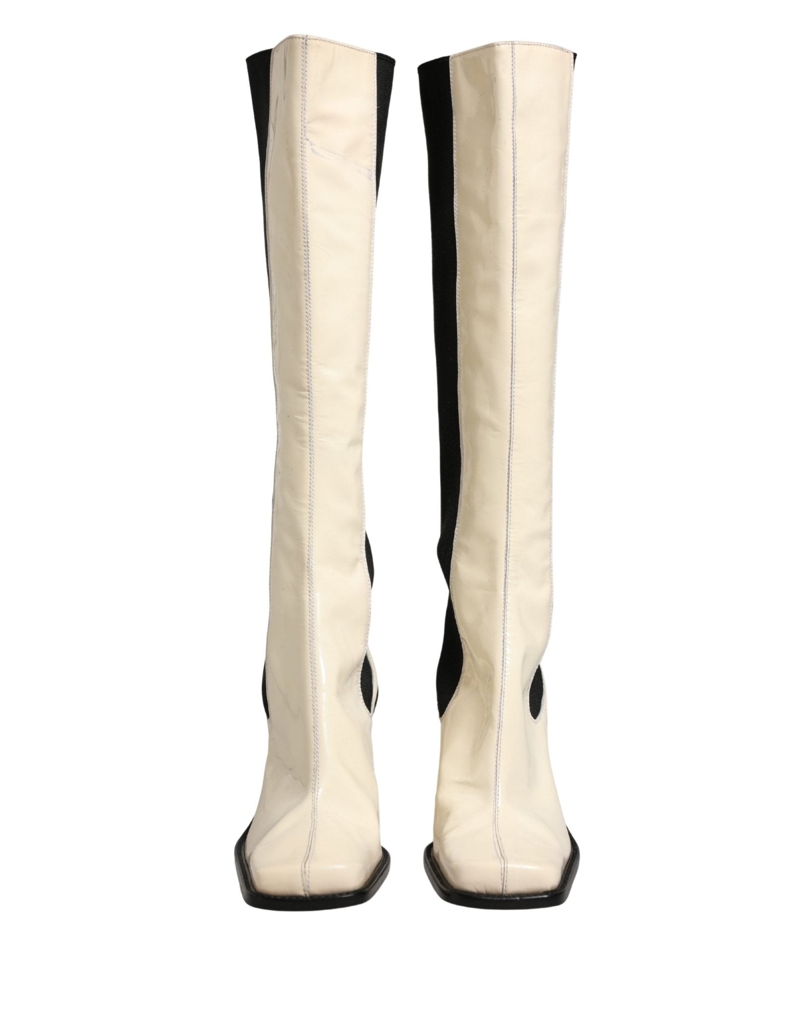 Dolce & Gabbana White Black Leather Knee High Boots Shoes - RIMODA