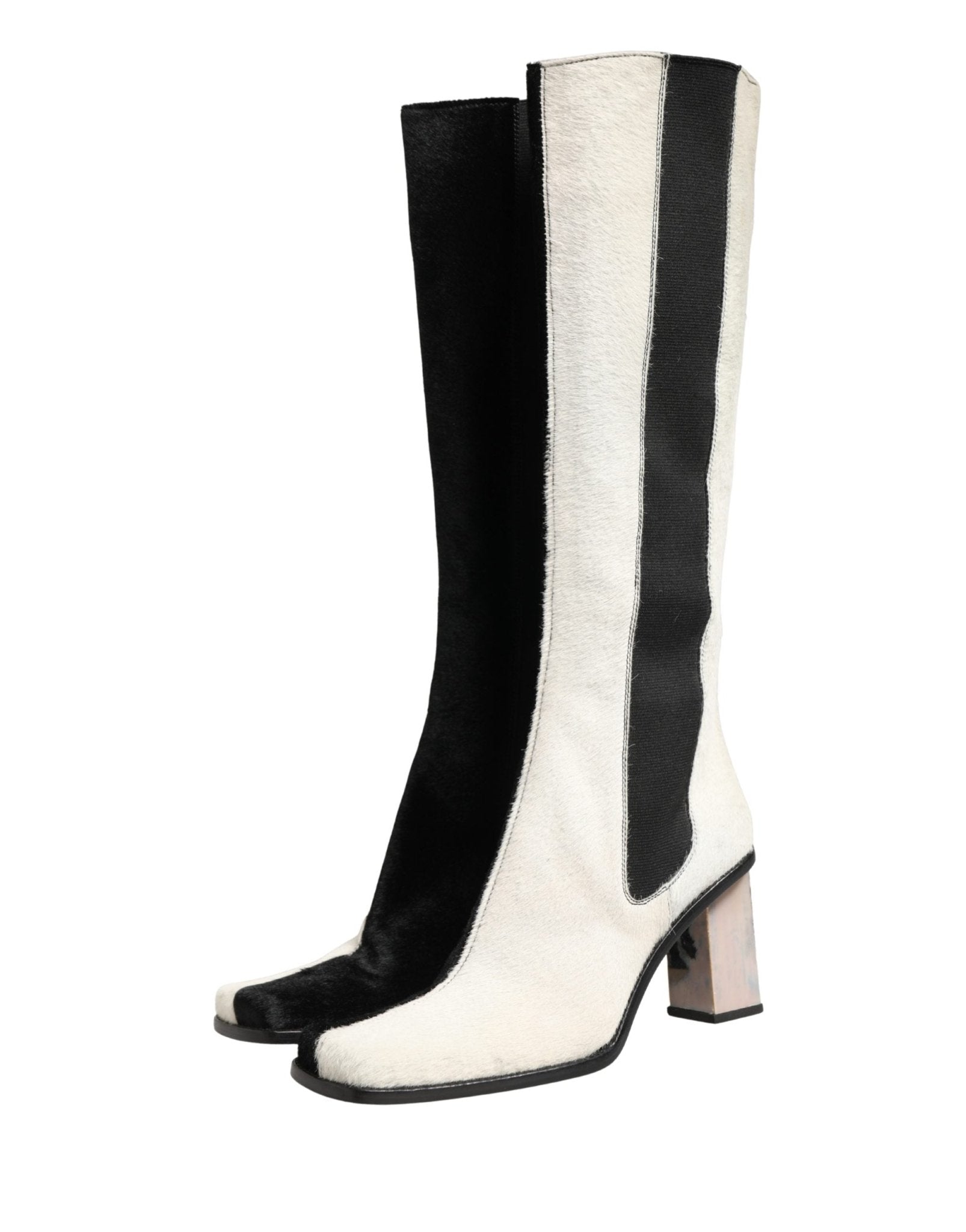Dolce & Gabbana White Black Leather Knee High Boots Shoes - RIMODA