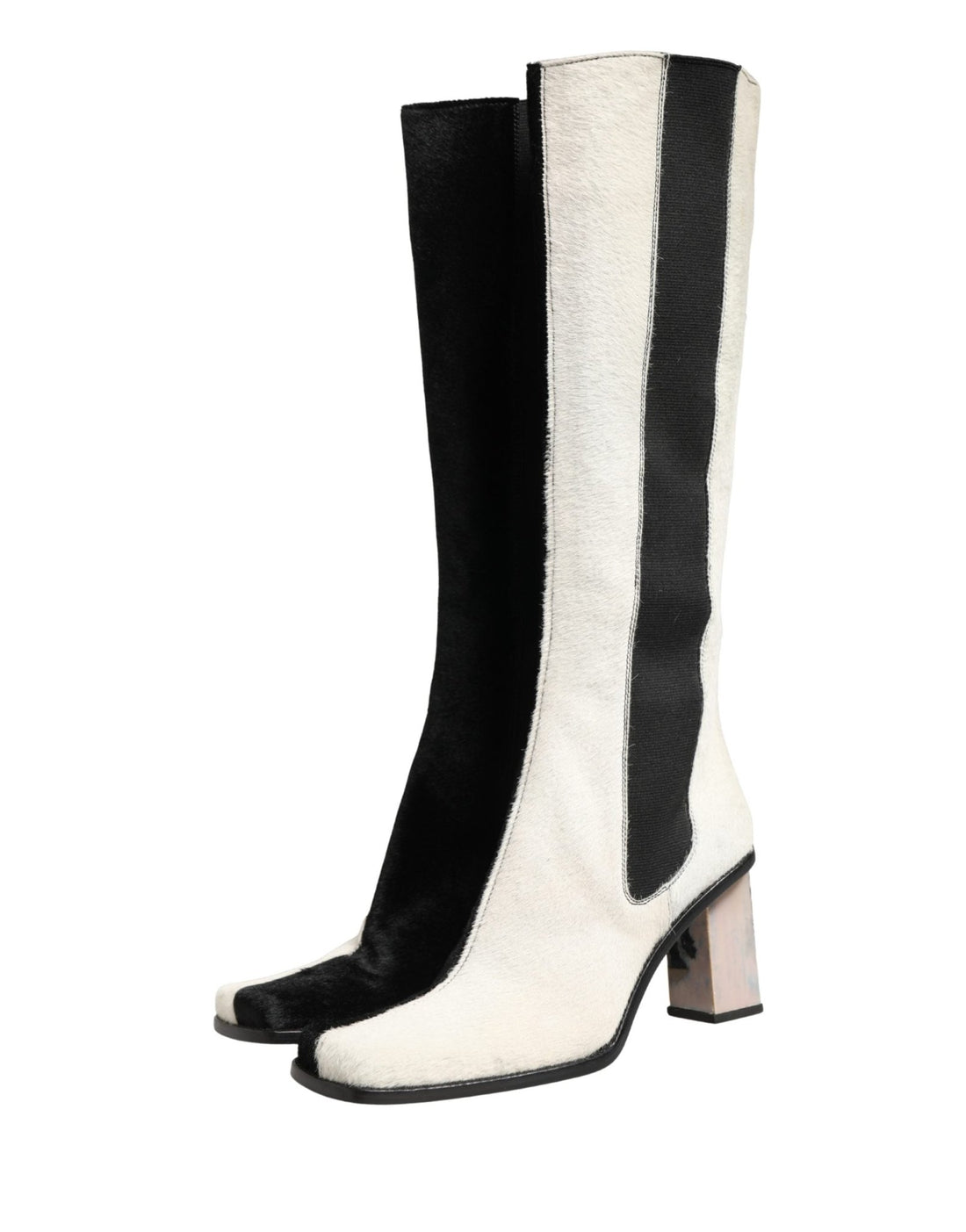 Dolce & Gabbana White Black Leather Knee High Boots Shoes - RIMODA