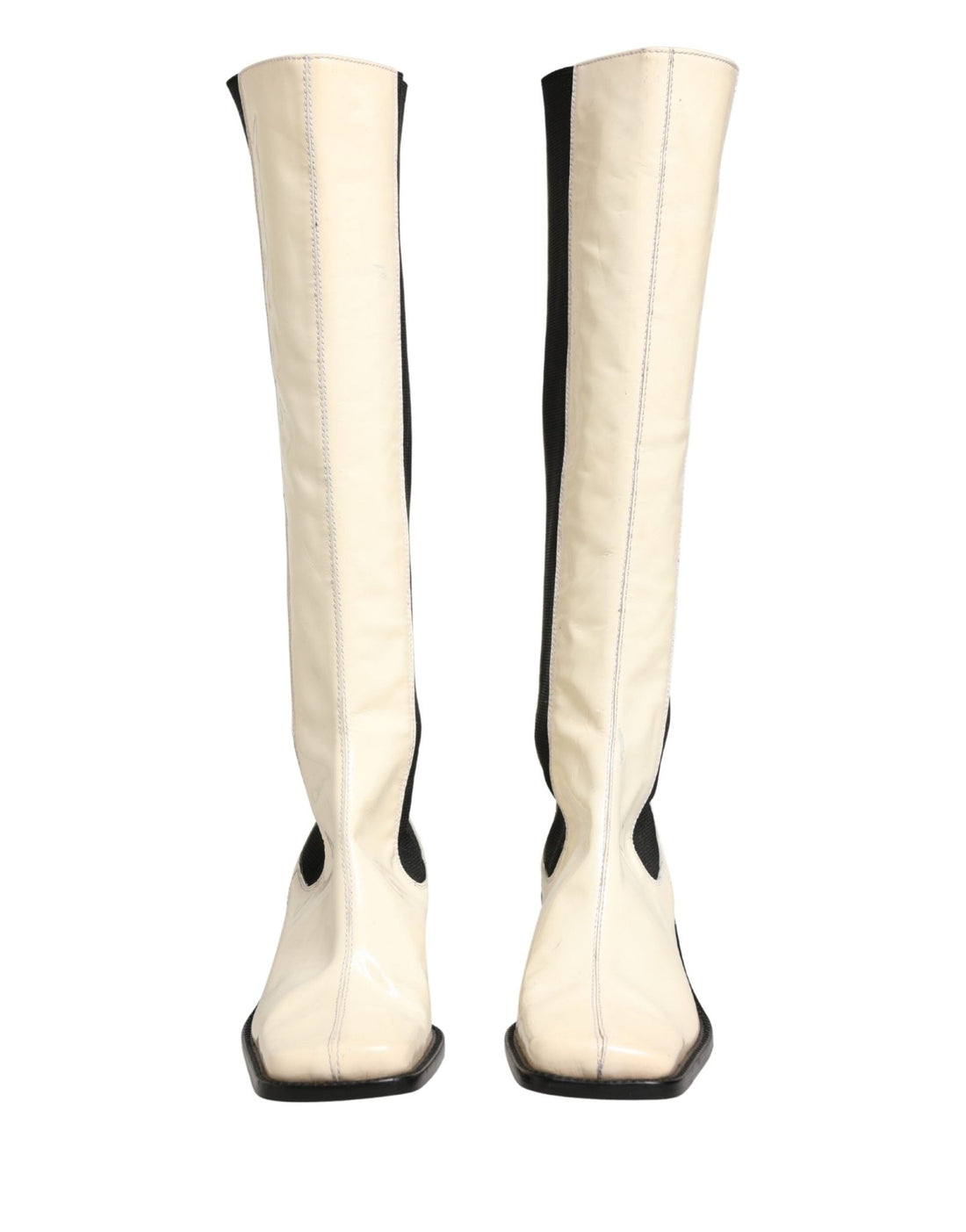Dolce & Gabbana White Black Leather Knee High Boots Shoes - RIMODA