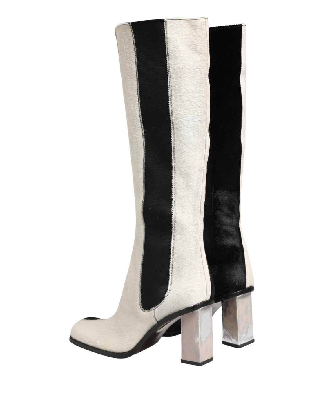 Dolce & Gabbana White Black Leather Knee High Boots Shoes - RIMODA