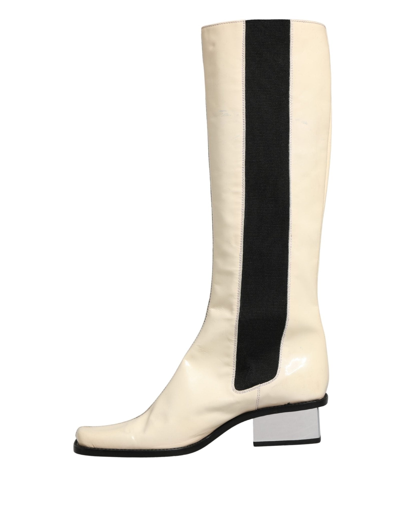 Dolce & Gabbana White Black Leather Knee High Boots Shoes - RIMODA