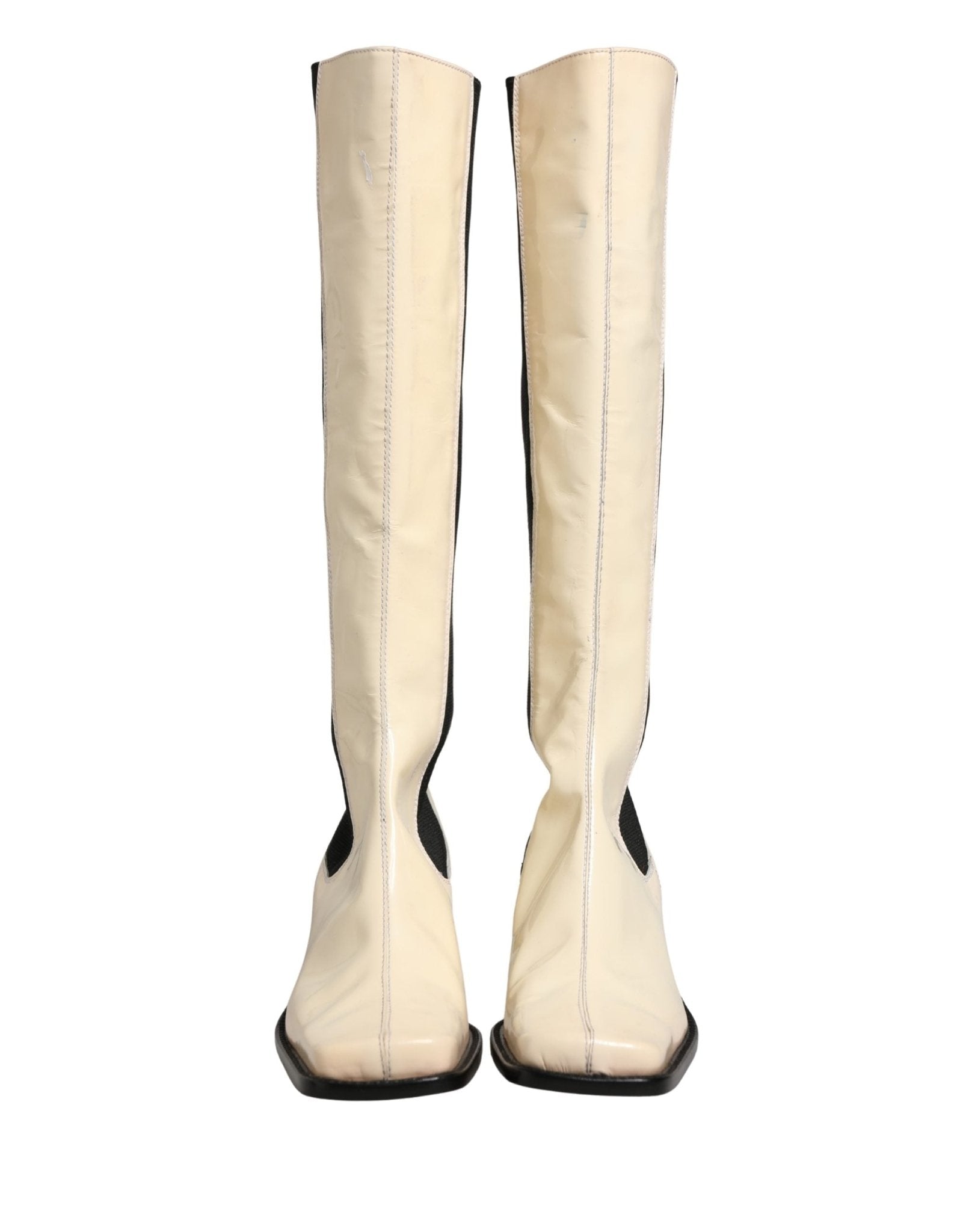 Dolce & Gabbana White Black Leather Knee High Boots Shoes - RIMODA