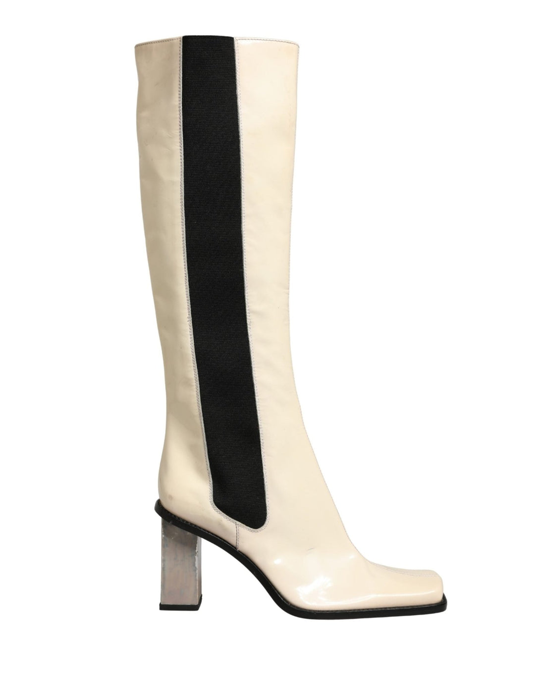 Dolce & Gabbana White Black Leather Knee High Boots Shoes - RIMODA