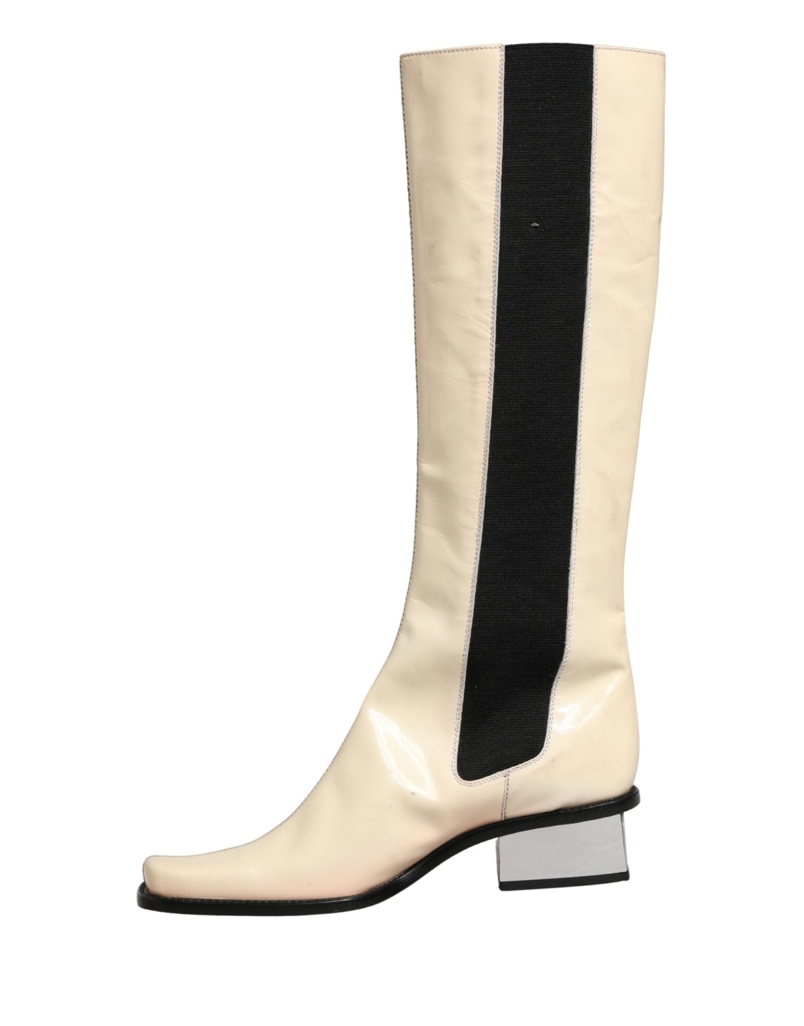 Dolce & Gabbana White Black Leather Knee High Boots Shoes - RIMODA