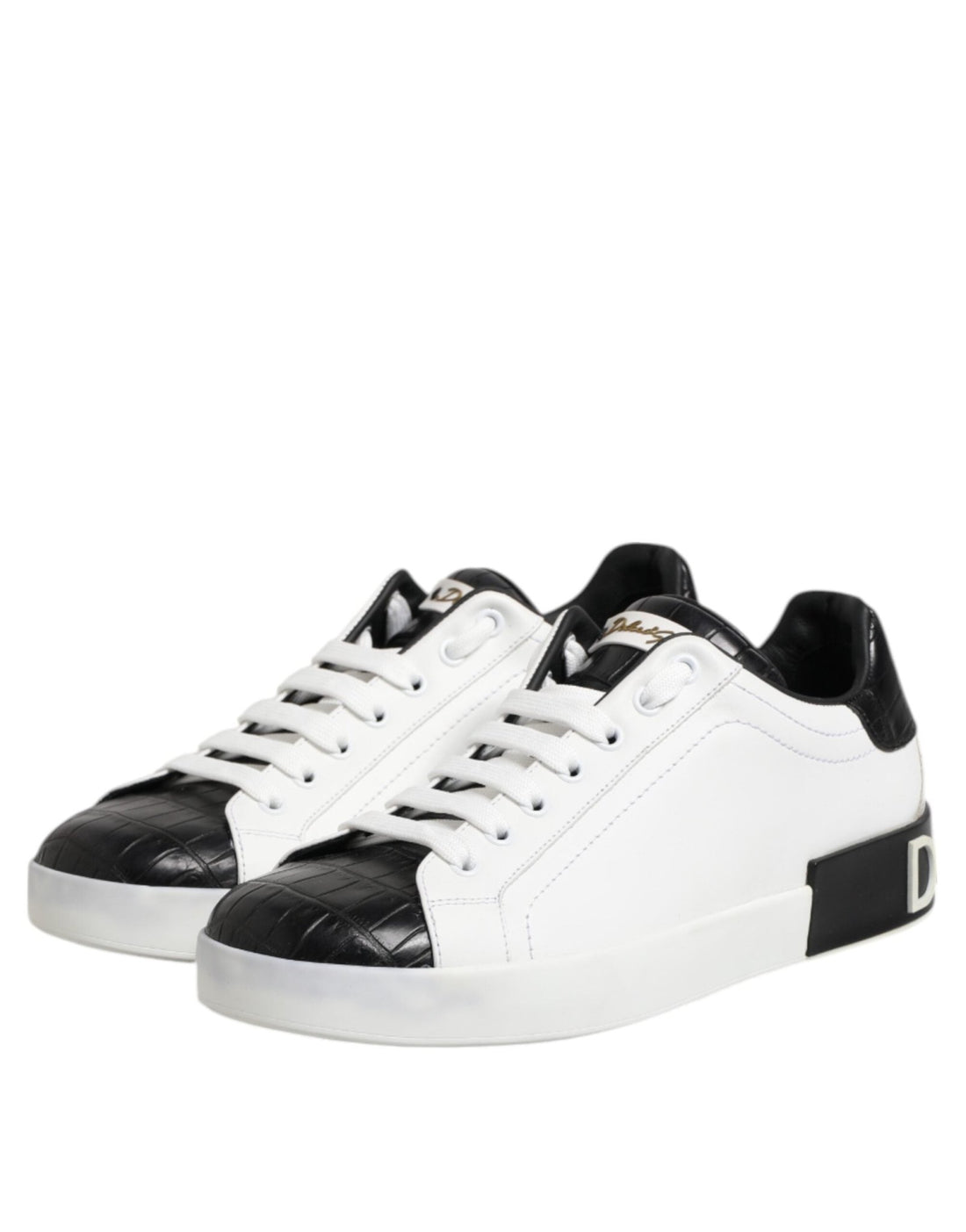 Dolce & Gabbana White Black Leather Portofino Sneaker Shoes - RIMODA
