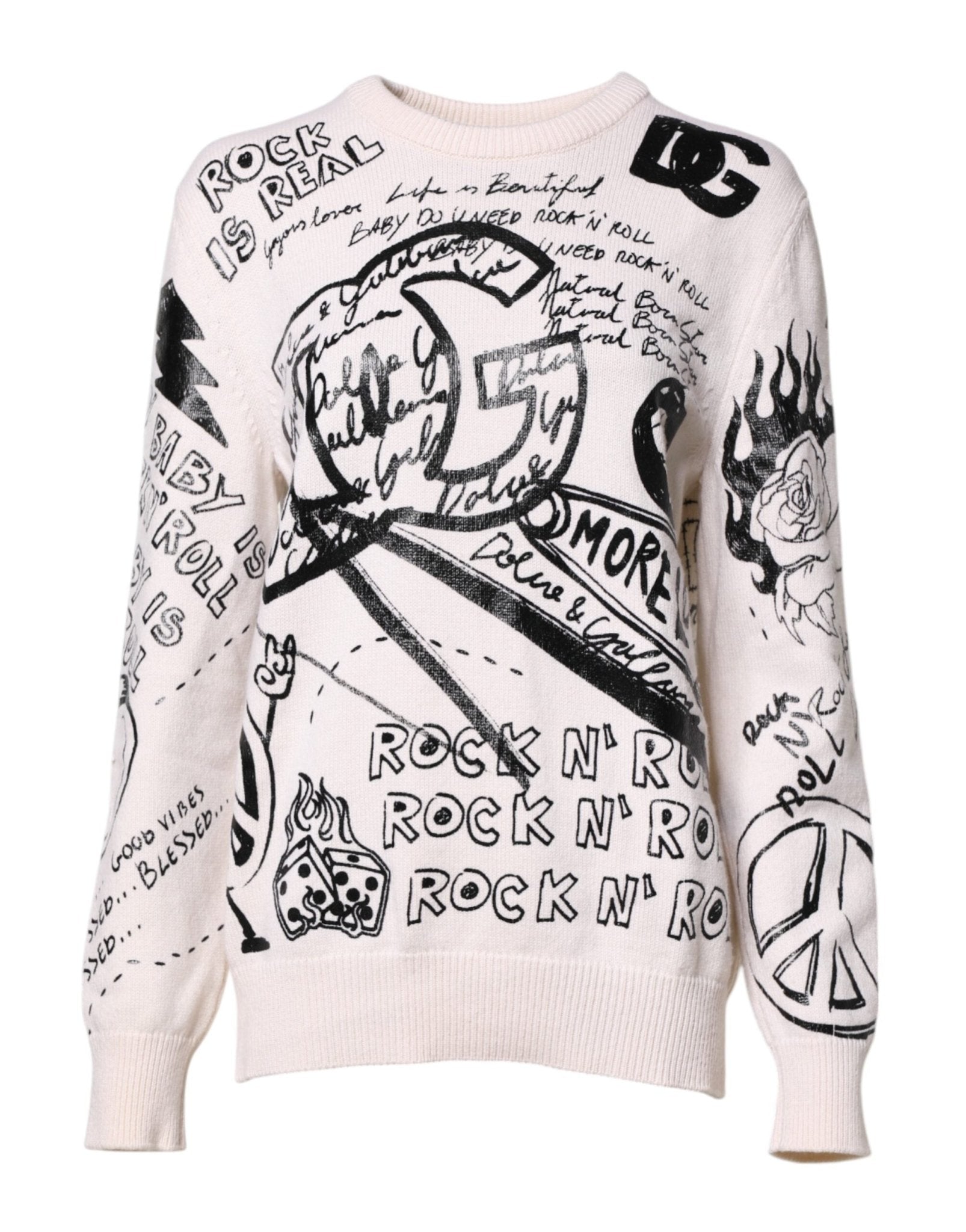 Dolce & Gabbana White Black Logo Print Women Pullover Sweater - RIMODA