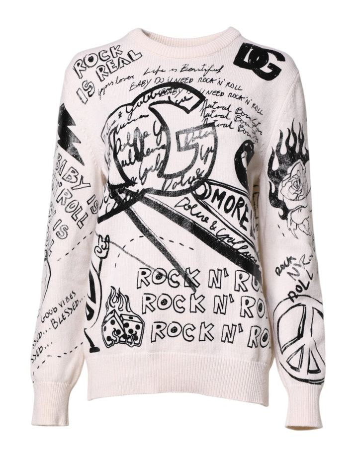 Dolce & Gabbana White Black Logo Print Women Pullover Sweater - RIMODA