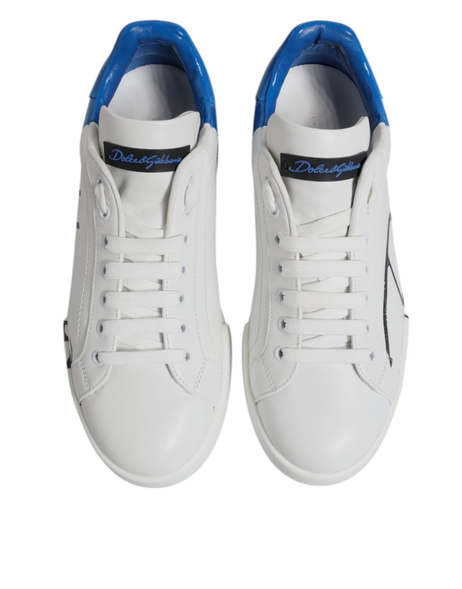 Dolce & Gabbana White Blue Leather Logo Low Top Sneakers Shoes - RIMODA