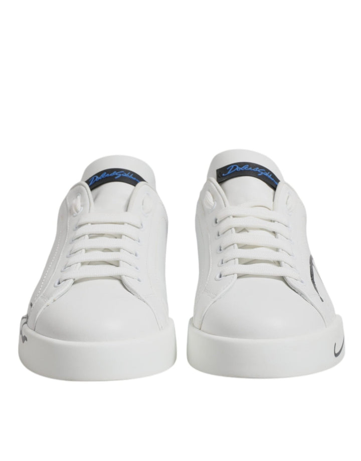 Dolce & Gabbana White Blue Leather Logo Low Top Sneakers Shoes - RIMODA