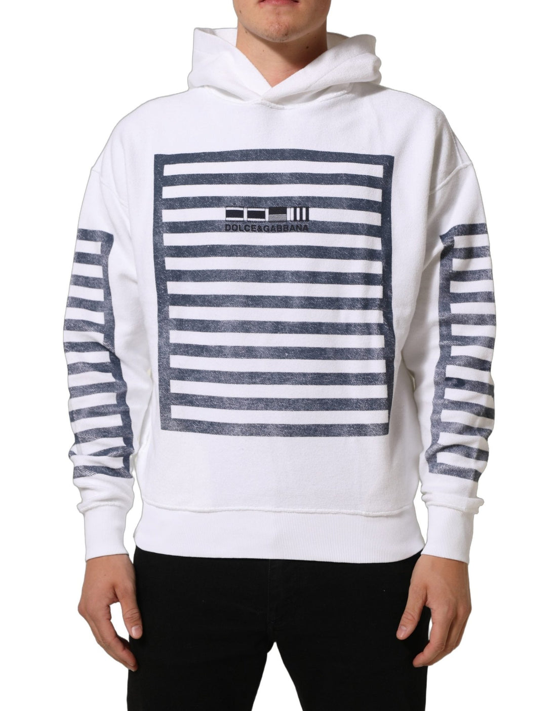 Dolce & Gabbana White Blue Stripe Hooded Sweatshirt Sweater - RIMODA