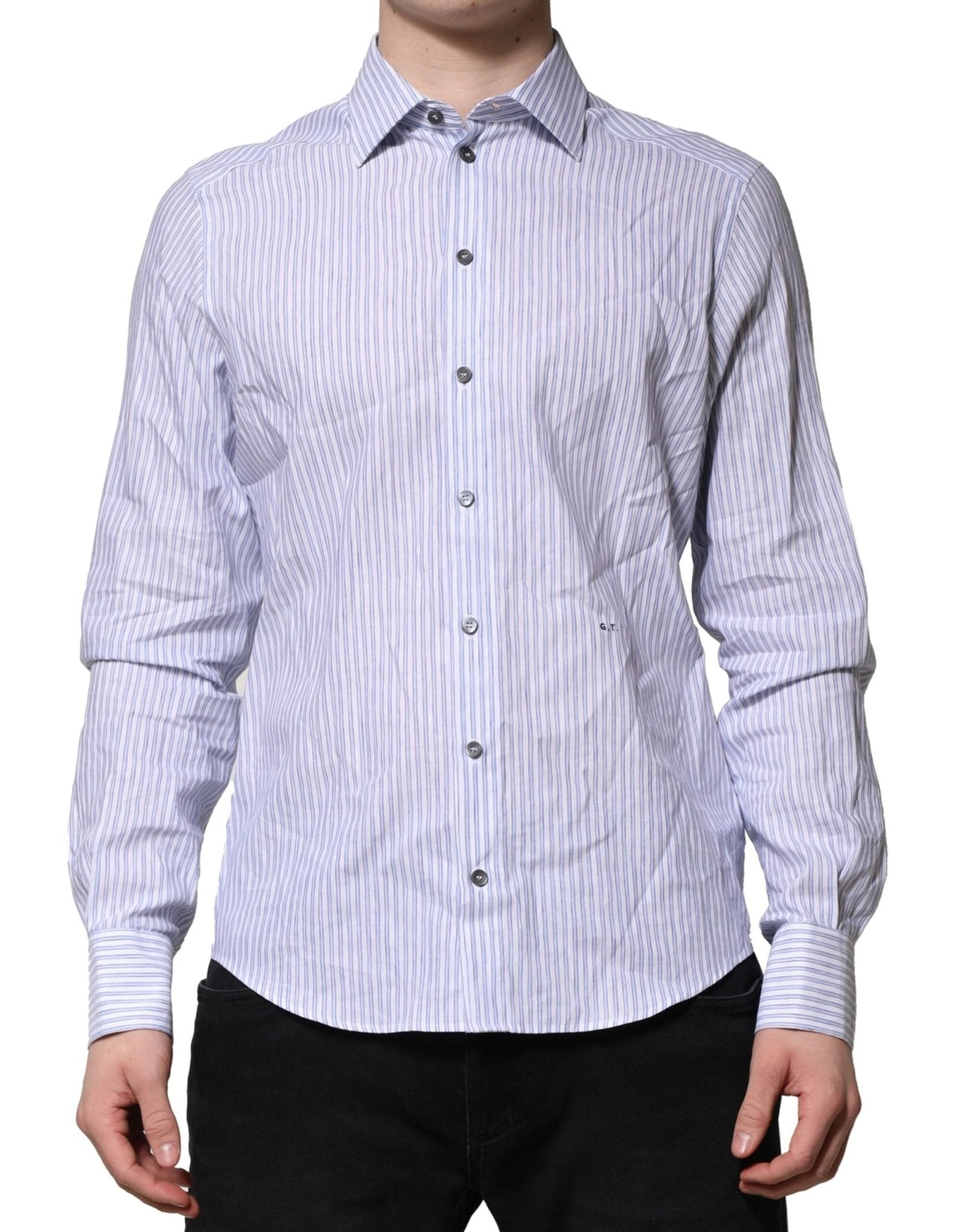 Dolce & Gabbana White Blue Striped Cotton Dress Formal Shirt - RIMODA
