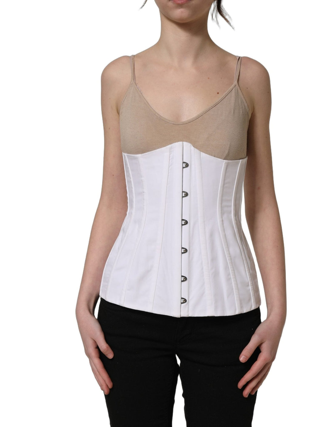Dolce & Gabbana White Brown Cotton Sleeveless Corset Top - RIMODA