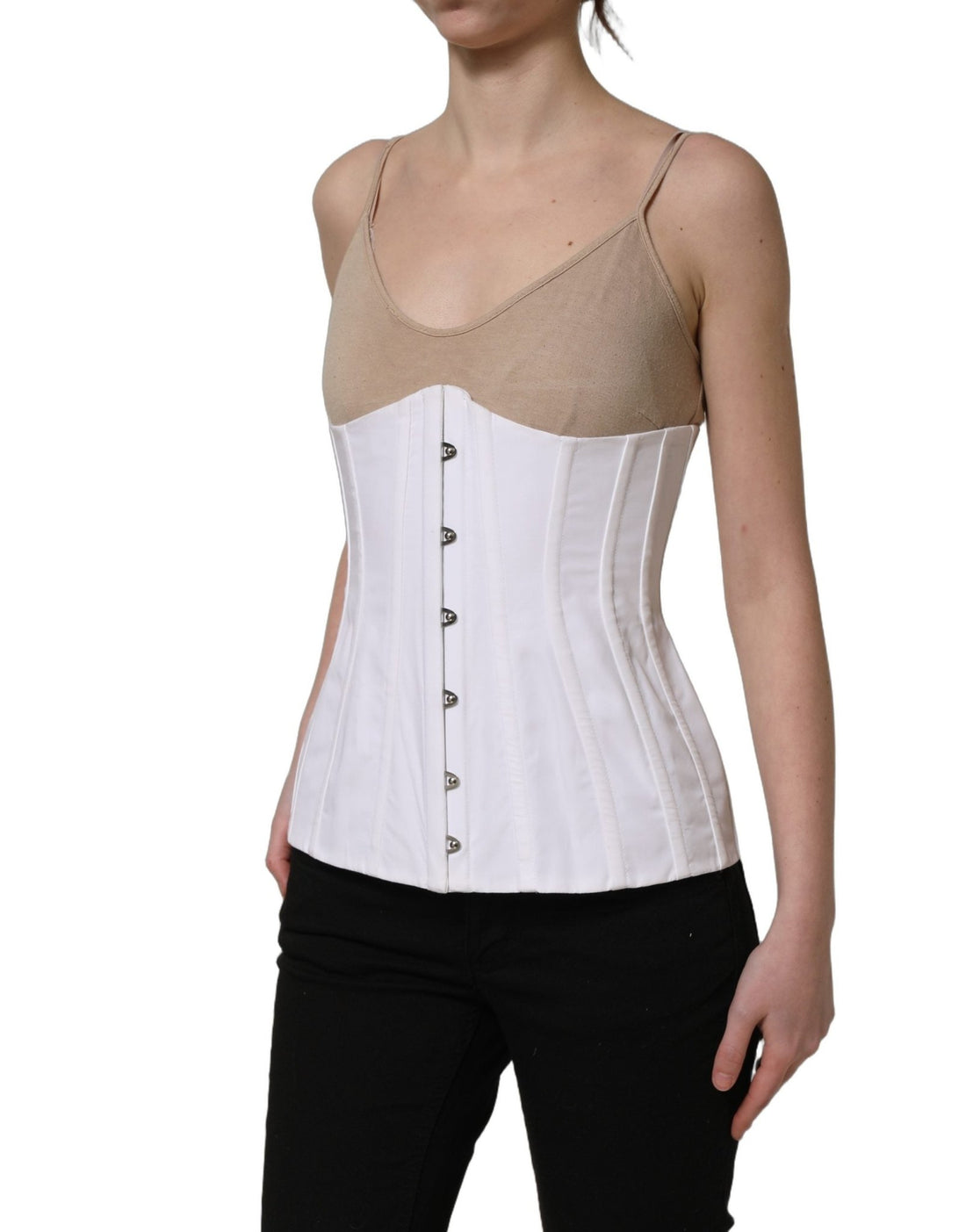 Dolce & Gabbana White Brown Cotton Sleeveless Corset Top - RIMODA