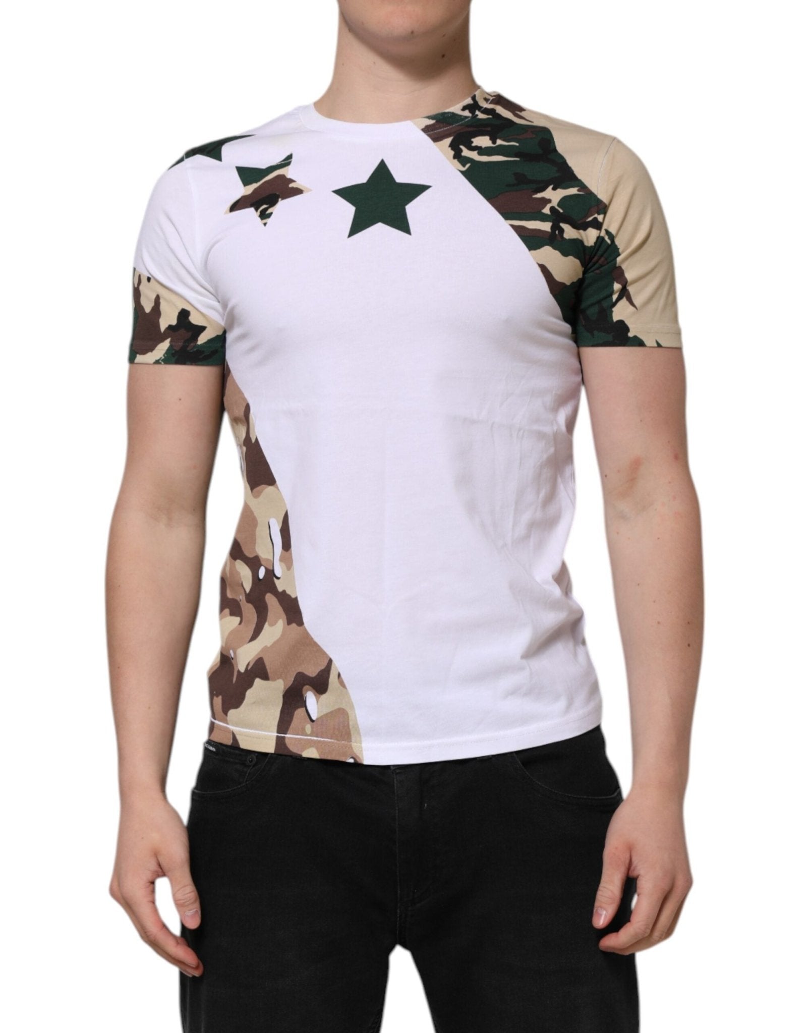 Dolce & Gabbana White Camouflage Cotton Men Crew Neck T-shirt - RIMODA