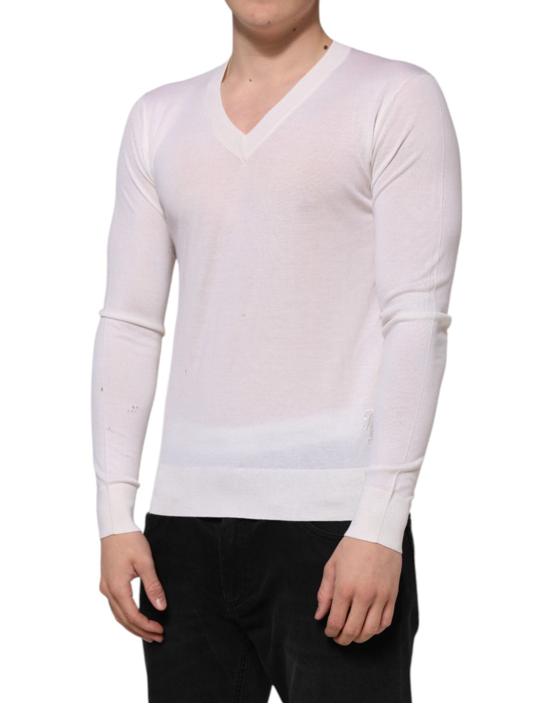 Dolce & Gabbana White Cashmere Logo V-neck Pullover Sweater - RIMODA