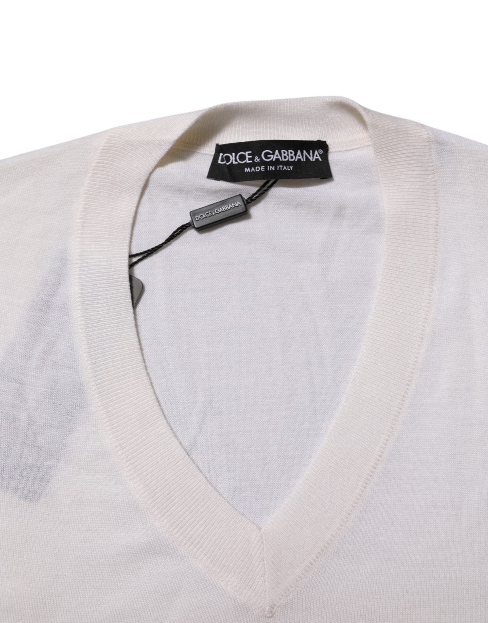 Dolce & Gabbana White Cashmere Logo V-neck Pullover Sweater - RIMODA