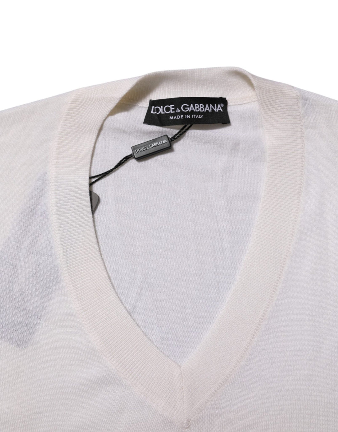 Dolce & Gabbana White Cashmere Logo V-neck Pullover Sweater - RIMODA