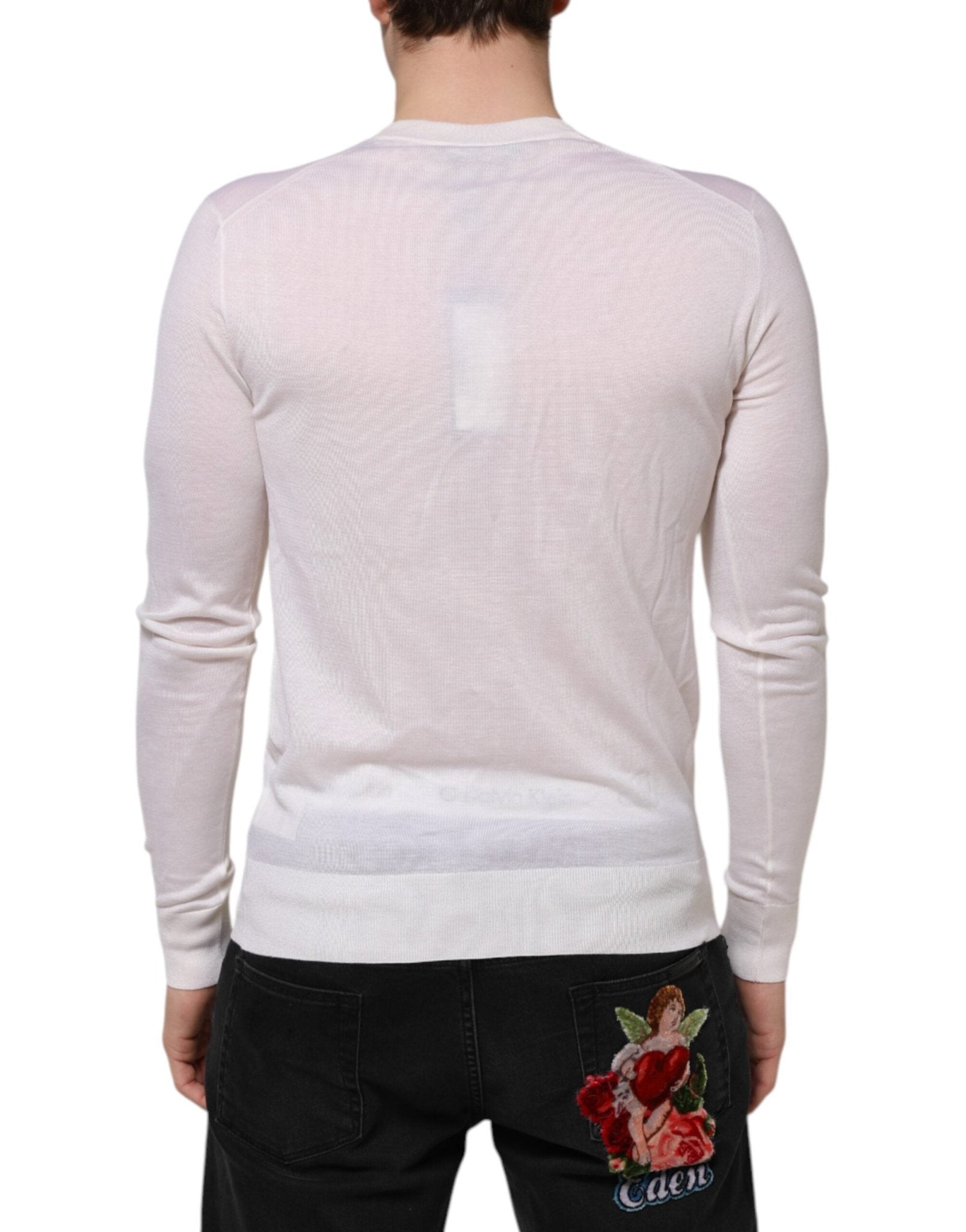 Dolce & Gabbana White Cashmere Logo V-neck Pullover Sweater - RIMODA